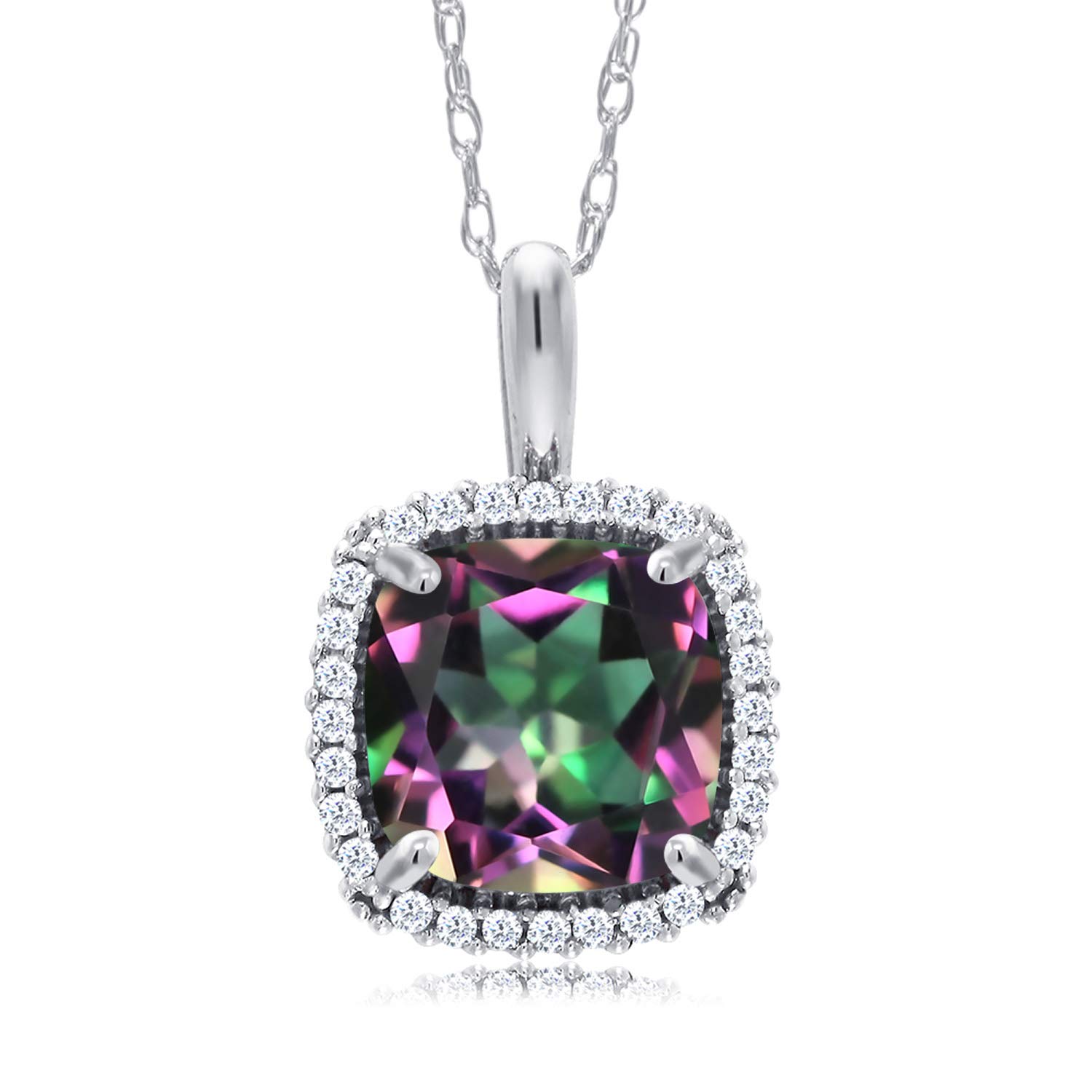 10K White Gold Birthstone Pendant Necklace with White Diamond Halo | 7MM Cushion Cut Gemstone | 18 Inch Chain | Elegant Jewelry Gift for Women | Perfect for Birthday, Anniversary & Special Occasions
