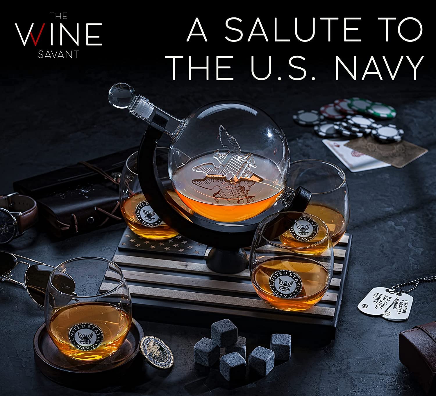 Premium U.S. Navy Globe Whiskey Decanter Set with 4 Crystal Glasses & 9 Whiskey Stones - Veteran Gift Box with Wooden Base - Patriotic Military Bourbon Scotch Gifts for Men, Dad - Perfect for Home Bars, Man Caves & Navy Themed Parties