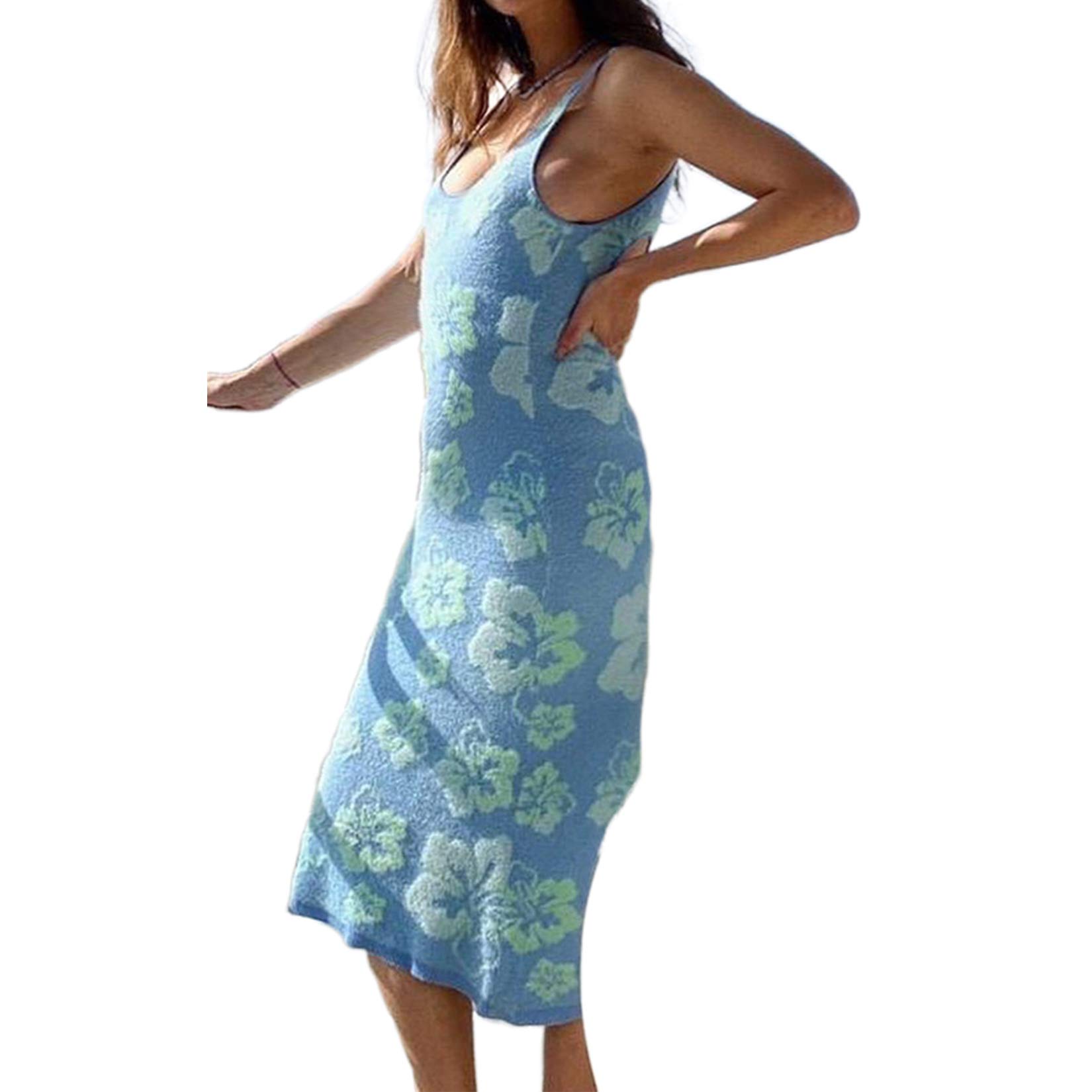 Women's Sleeveless Bodycon Knit Dress - Halter Neck Y2K Midi Dress with Slim Fit, Printed Tank Cocktail Dress for Streetwear & Night Out | Perfect for Club, Party, Date Night and Summer Fashion