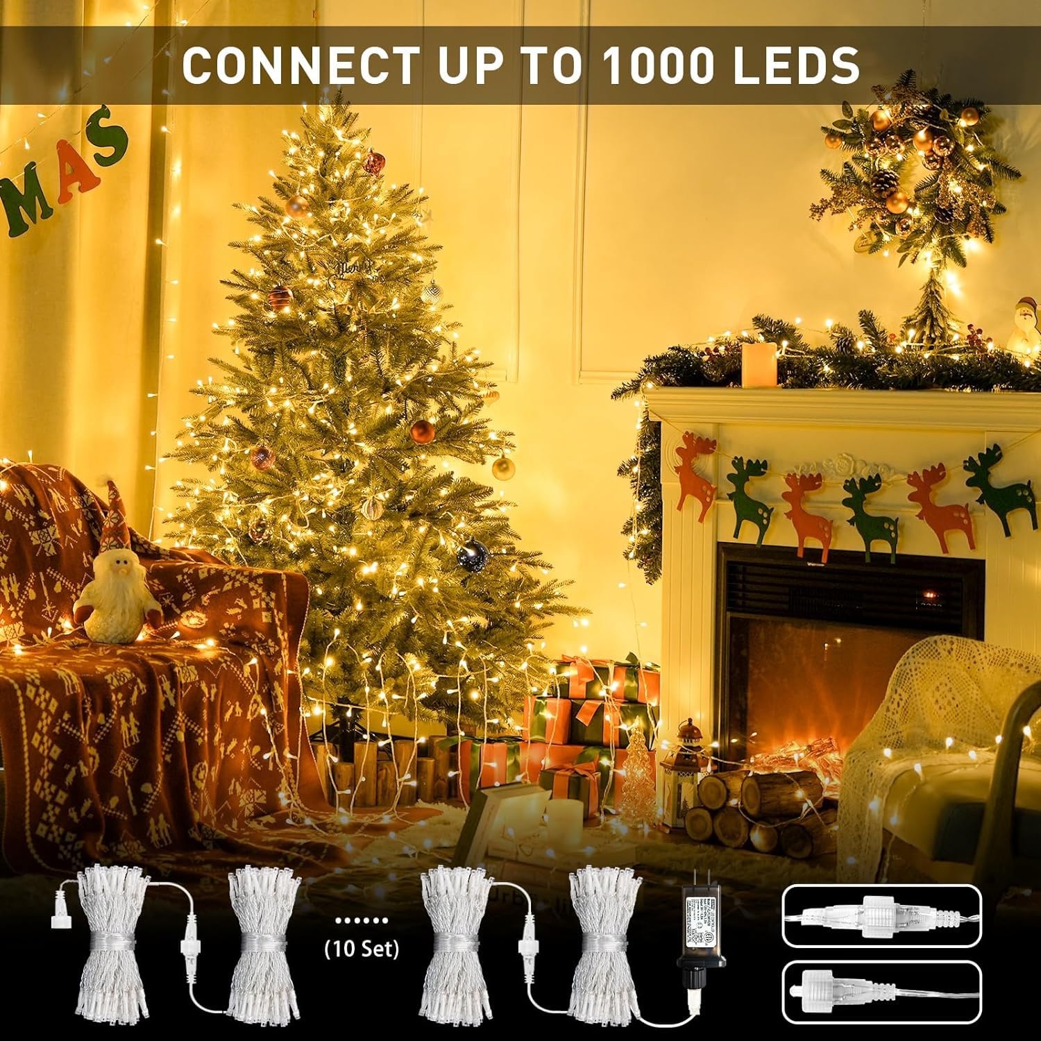 JMEXSUSS 250 LED Connectable Christmas Lights - 91.5ft Warm White String Lights with 8 Modes for Indoor Outdoor Use - Perfect for Christmas Tree, Party, Wedding, Garden & Home Decoration