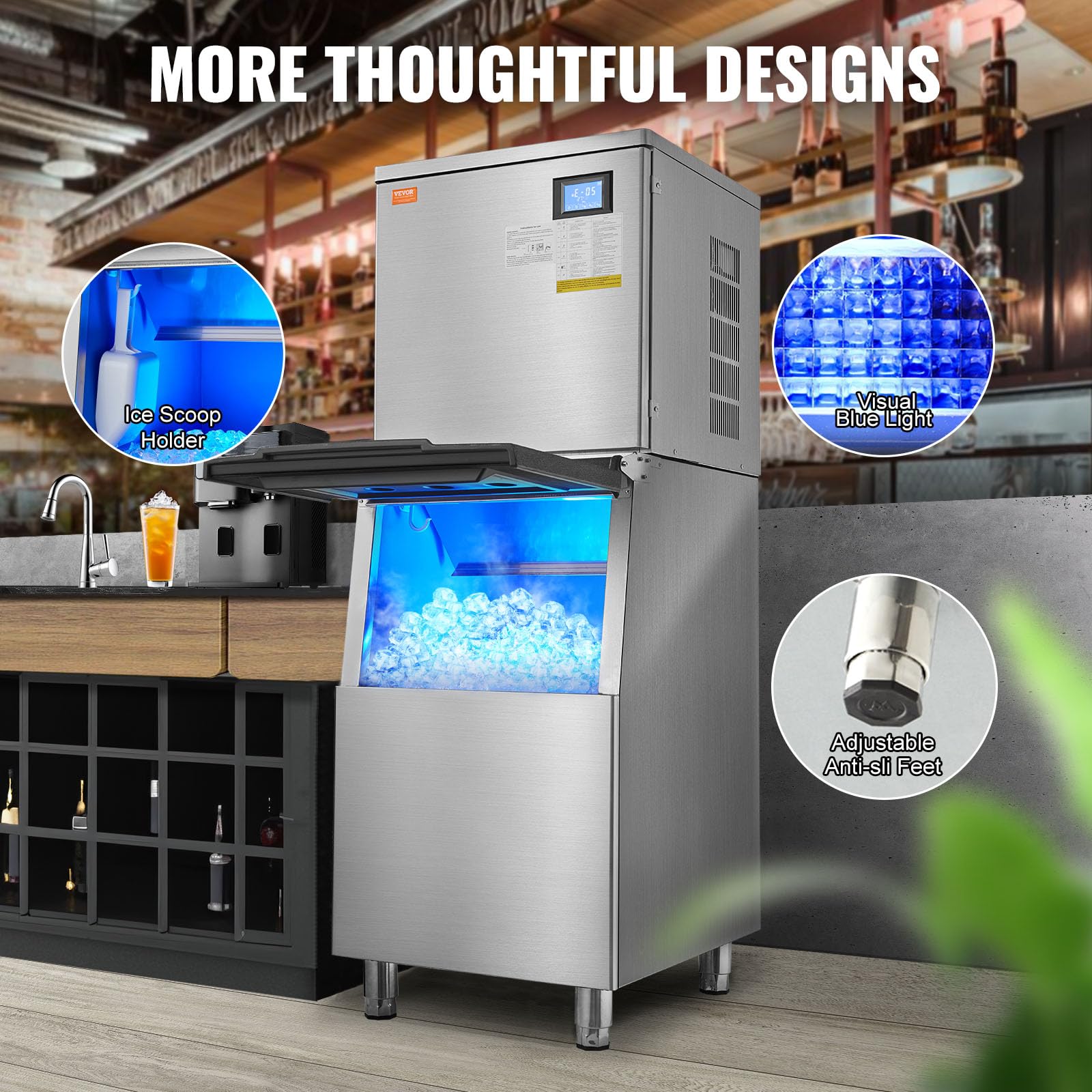 VEVOR Commercial Ice Maker Machine 450LBS/24H with 300LBS Storage Bin, 1000W Self-Cleaning Ice Machine with 3.5