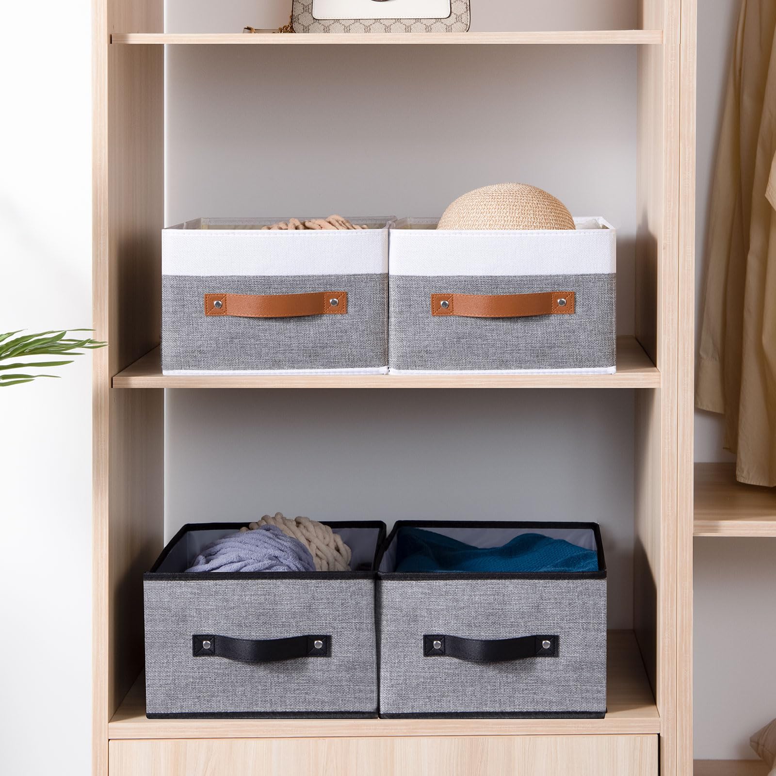 Clothing Storage Bins with Handles - 4 Pack Fabric Organizer Baskets for Shelves (13×9.1×5.5 Inch) - White & Grey - Perfect for Closet, Bedroom & Nursery Organization