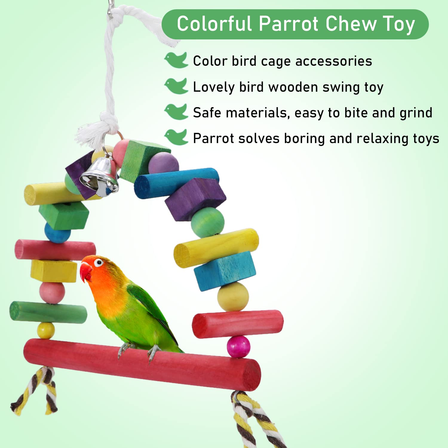 Natural Wooden Bird Swing Toy with Rainbow Bridge & Hanging Bells - Safe Chewable Knots for Parrots, Budgies, Lovebirds, Conures, Cockatoos - Perfect for Cage Enrichment & Playtime Stimulation