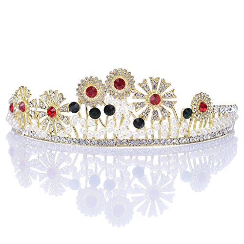 Gold Bridal Tiara for Women - Jeweled Red Queen Crown with Pearls | Wedding, Birthday, Pageant, Quinceañera Accessory | Perfect for Brides, Princesses & Special Occasions