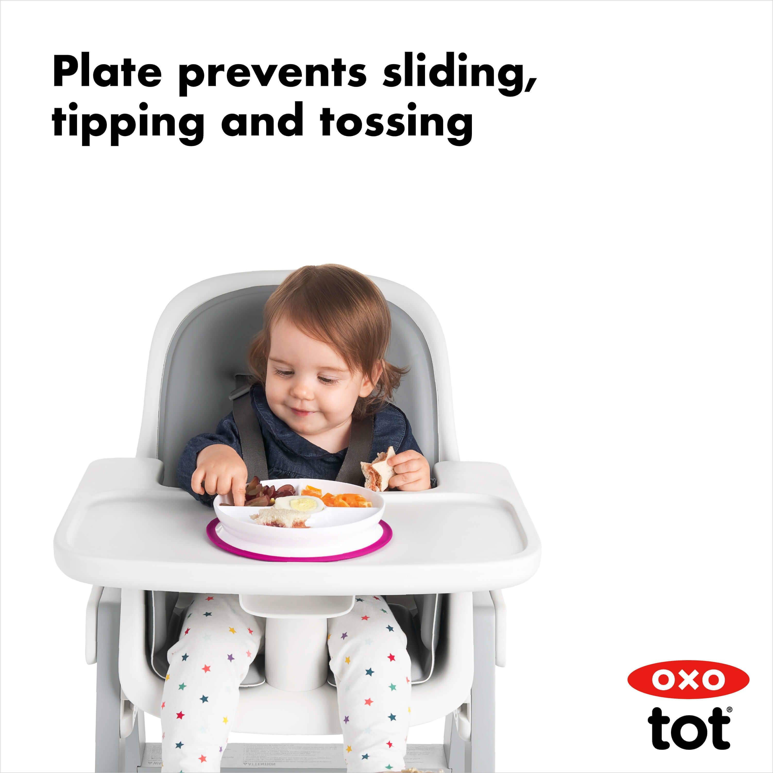 OXO Tot Stick & Stay Divided Plate - Non-Slip Baby Feeding Dish for Toddlers & Kids - Perfect for High Chairs, Travel & Mess-Free Meals