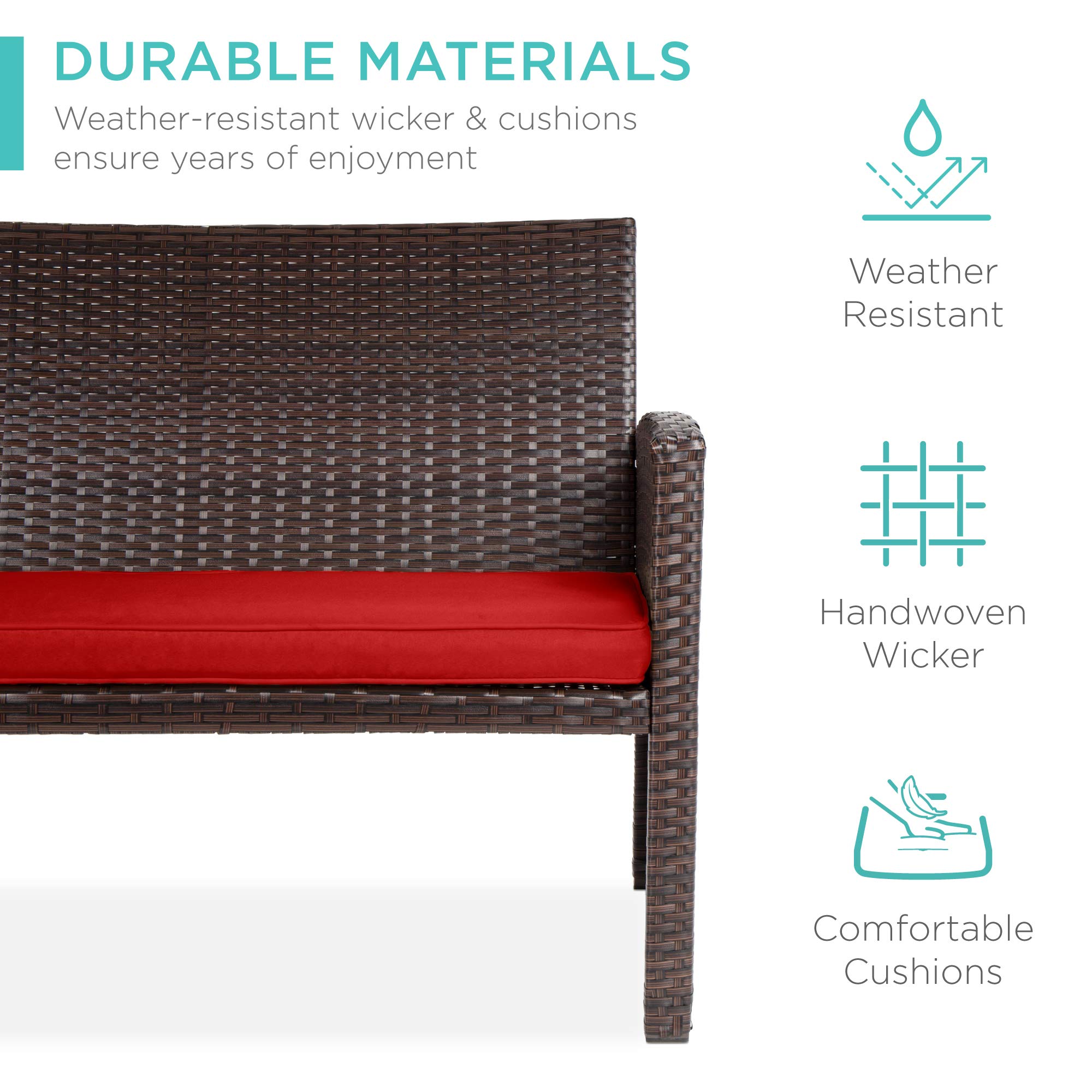Best Choice Products 4-Piece Outdoor Wicker Patio Conversation Set with Coffee Table & Cushions - Brown/Red - Perfect for Backyard, Garden, and Poolside Relaxation