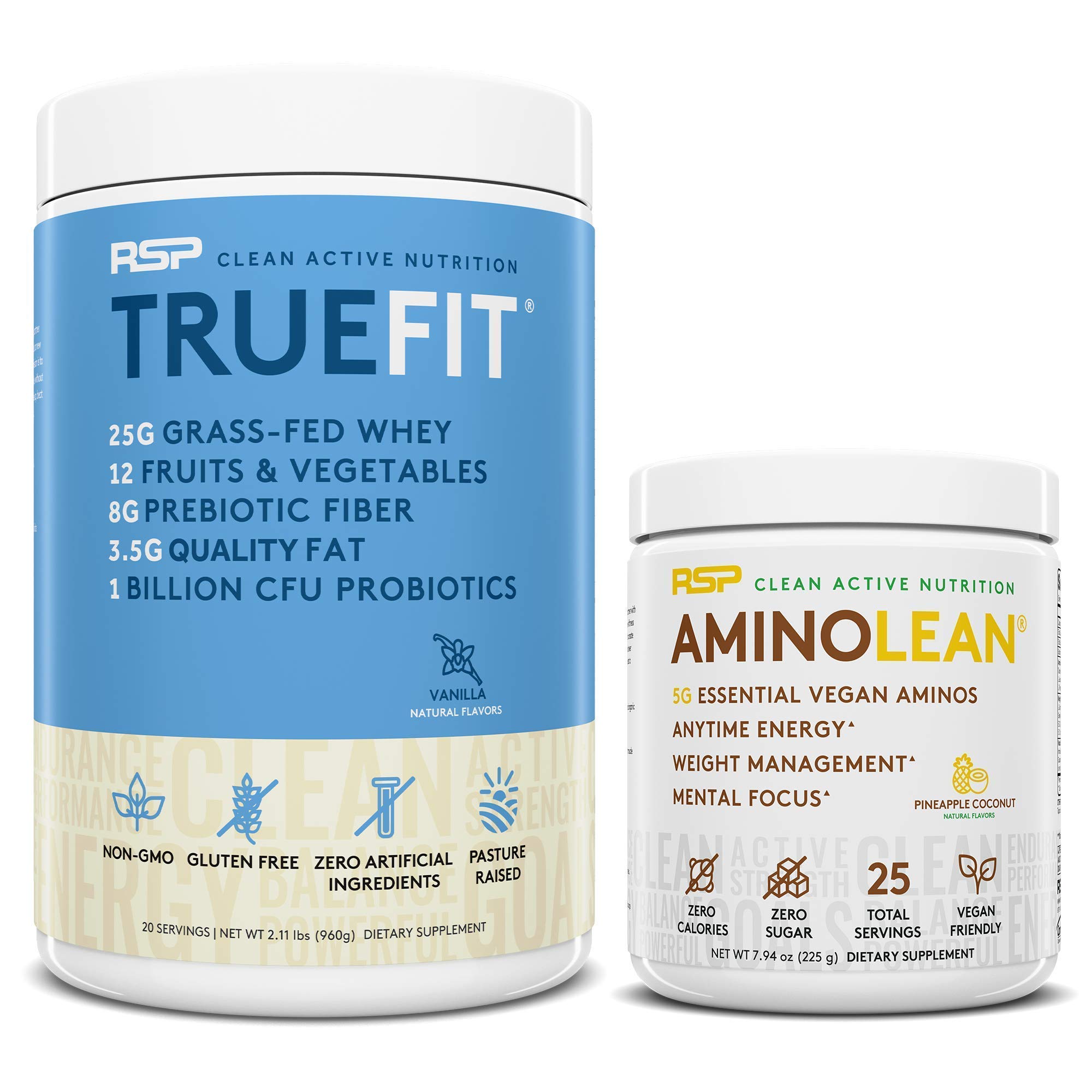 RSP NUTRITION Vegan AminoLean Pre Workout Energy Supplement - Pineapple Coconut Flavor (25 Servings) & TrueFit Plant-Based Protein Powder - Vanilla (2 LB) | Boost Performance & Muscle Recovery for Gym, Fitness & Active Lifestyle