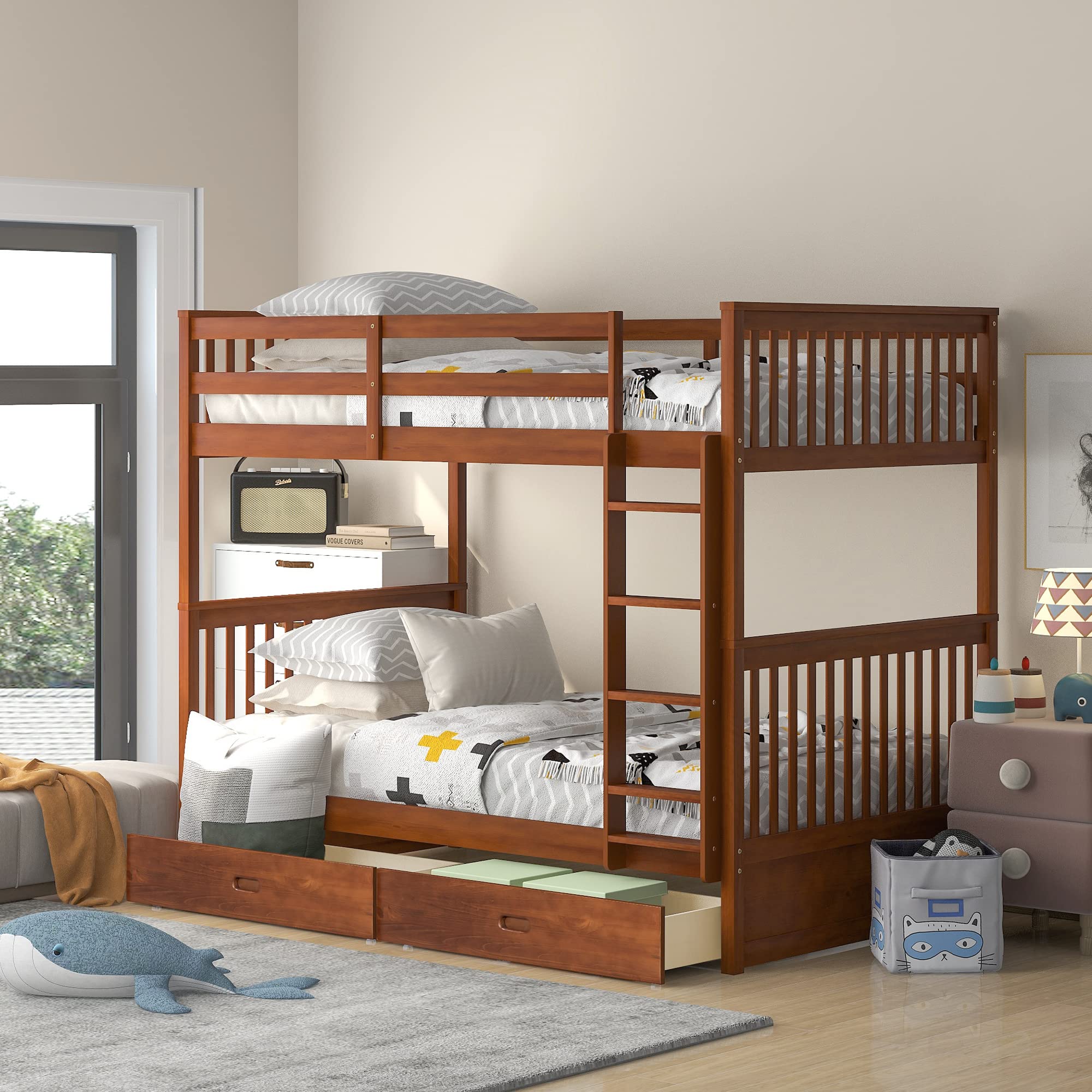 Twin Over Twin Bunk Bed with Storage & Ladder - Kids Wooden Bunk Bed for Boys & Girls - Space Saving Bedroom Solution