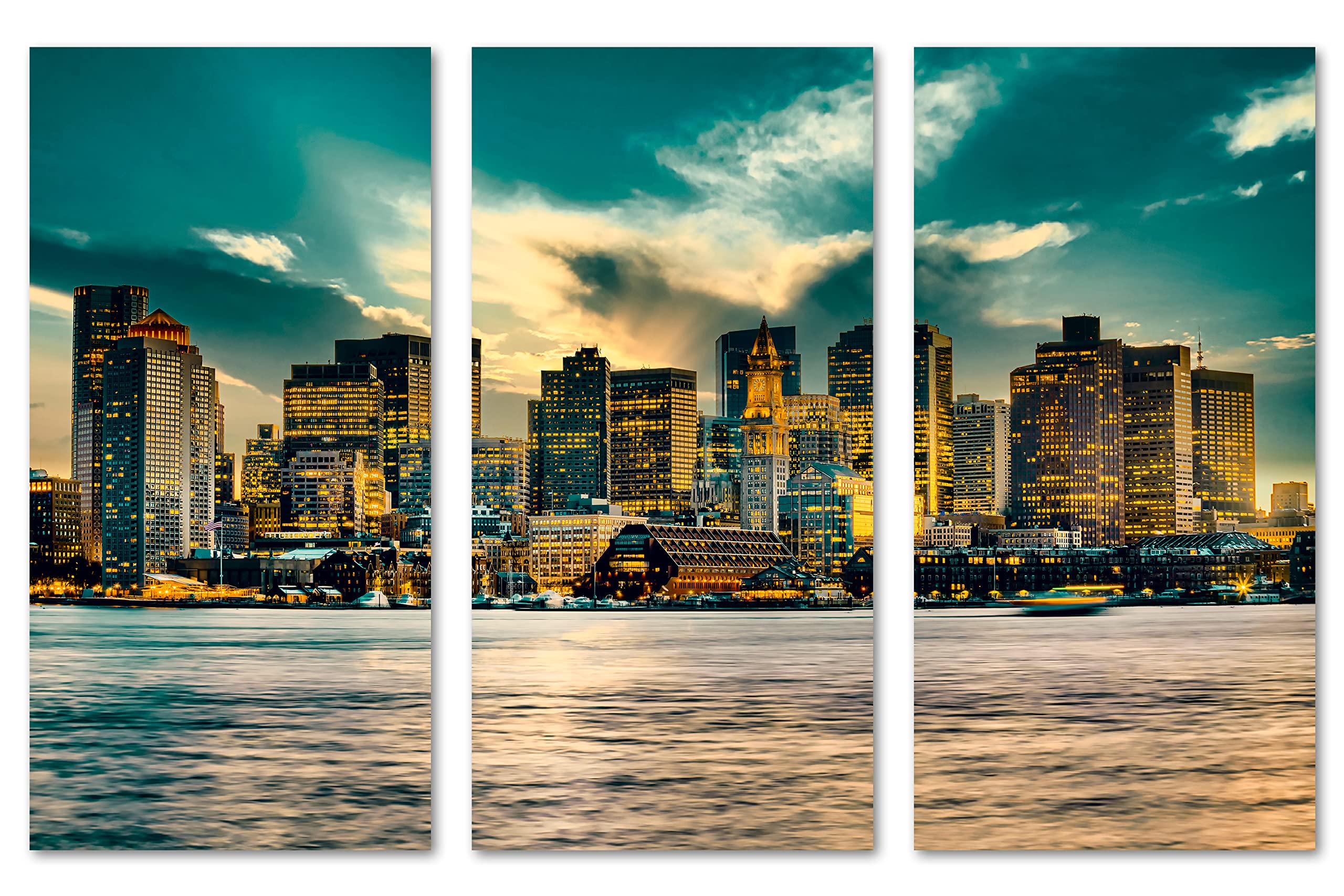 48x32 Boston Skyline Canvas Print Wall Art - Green Skies 3 Panel Split - Massachusetts MA Cityscape Decor - Perfect for Living Room, Bedroom or Office Wall Decoration