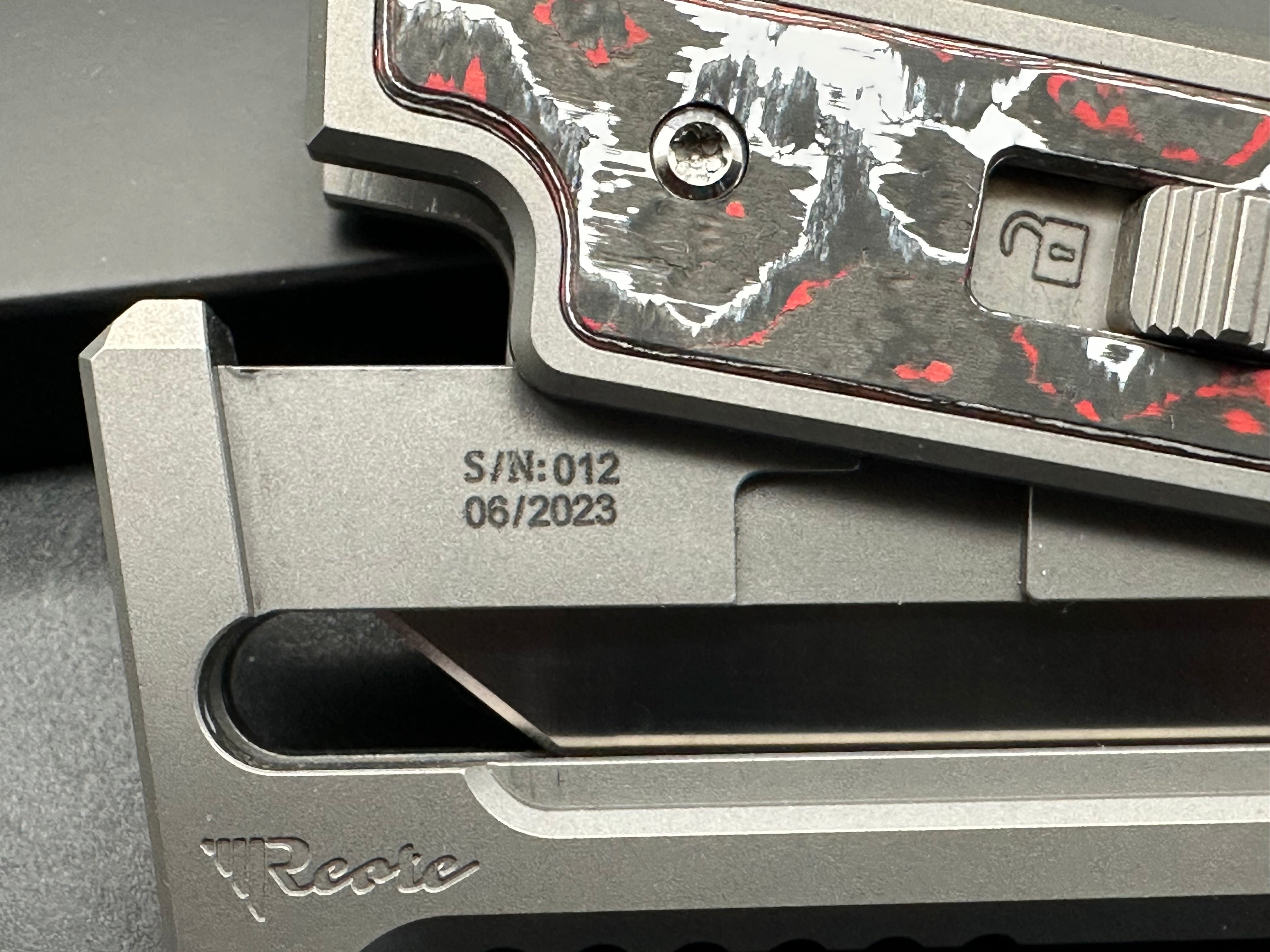 Reate EXO-M Folding Knife - Grey Titanium Frame with Red Marble Fat Carbon Inlays, Tanto Elmax Blade - EDC Pocket Knife for Outdoor, Camping & Everyday Carry