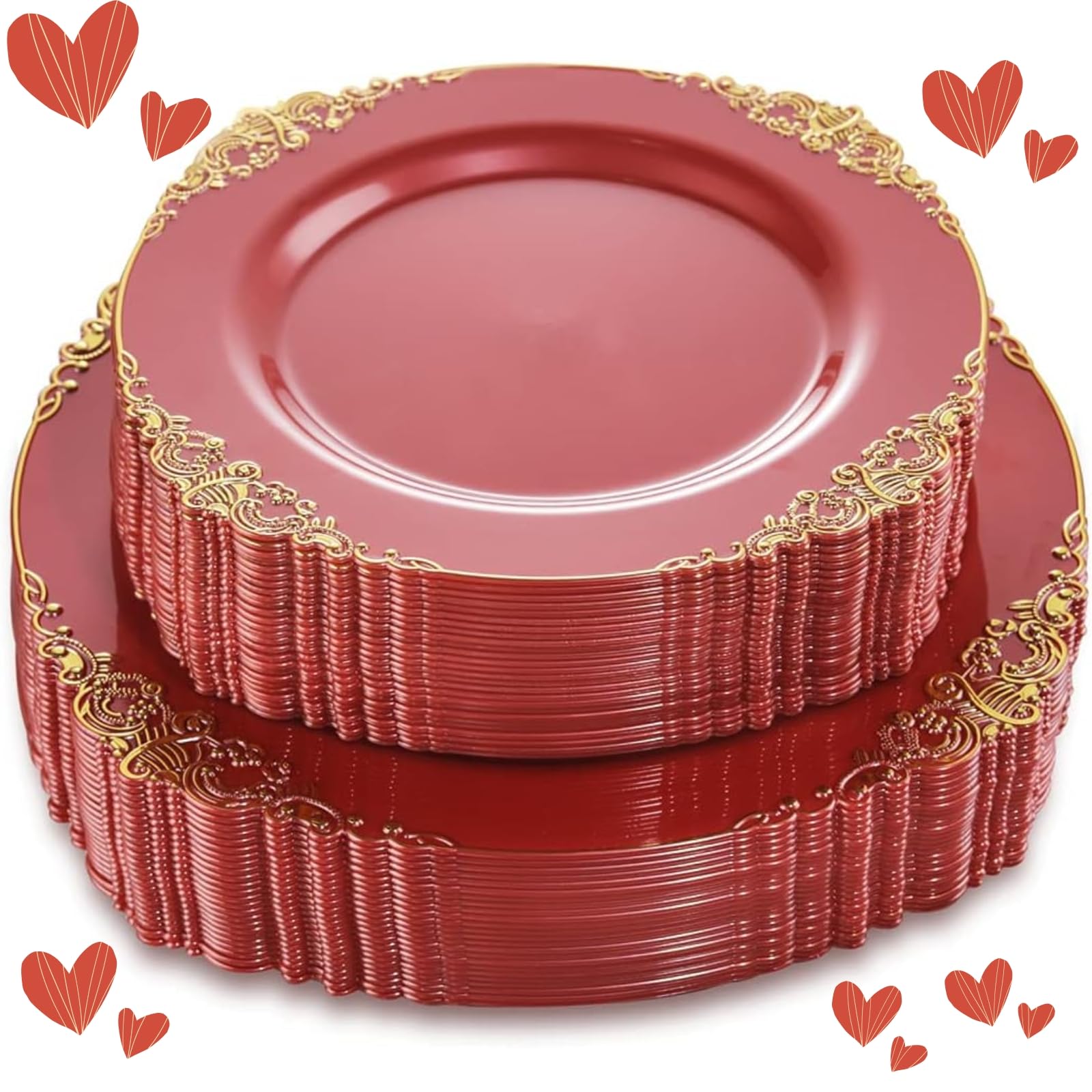 Liacere 50-Pack Disposable Red Plastic Plates Set - 25PCS 7.5 Inch Dessert Plates & 25PCS 10.25 Inch Dinner Plates with Gold Trim for Christmas Party, Wedding Reception, New Year Celebration, Birthday, BBQ, Picnic and Holiday Gatherings