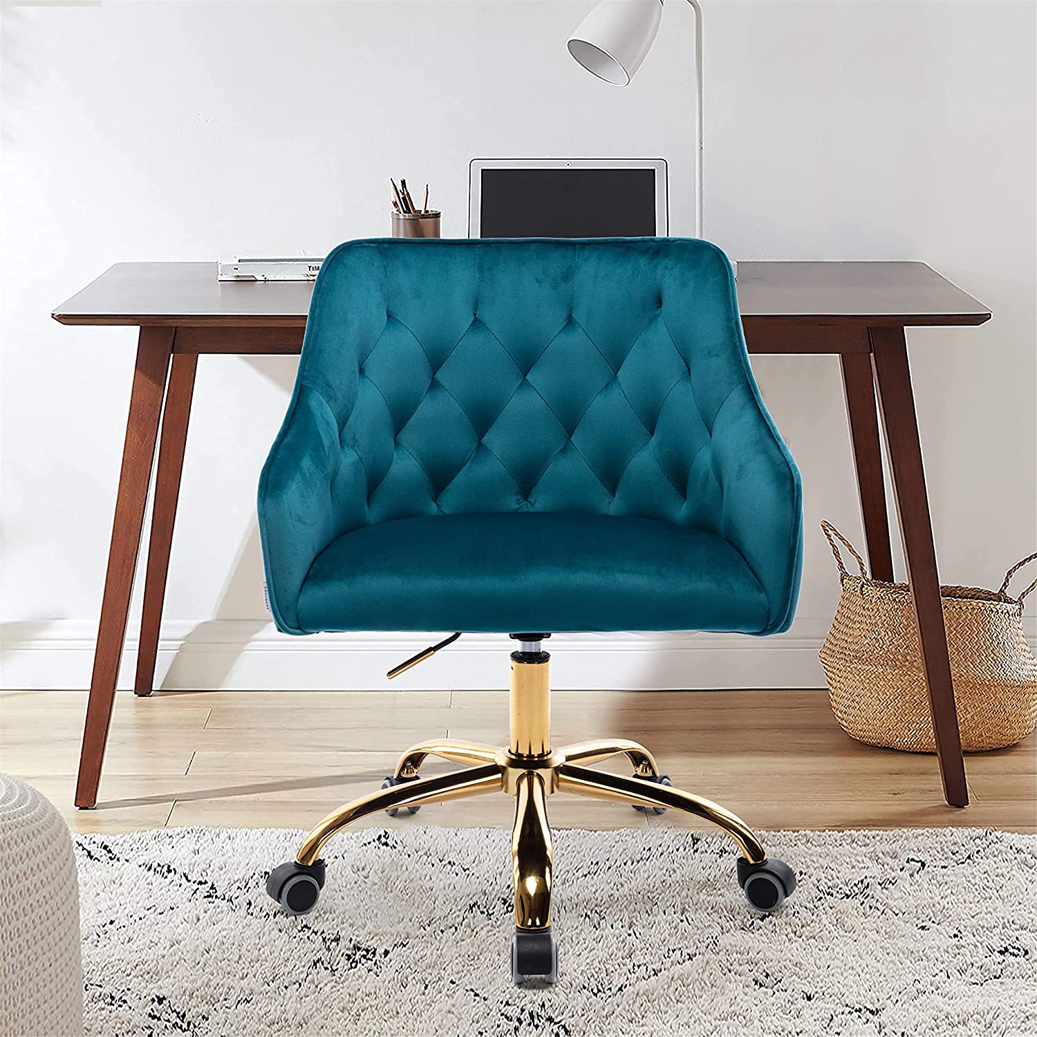Modern Velvet Office Chair for Women & Girls - Ergonomic Home Office Desk Chair with Gold Base, Swivel Computer Chair for Study, Living Room & Vanity - Comfortable Leisure Chair (Teal) | Perfect for Home Office, Gaming & Makeup Area