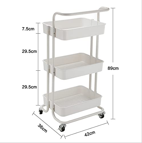 White Rotating Kitchen Storage Cart with Wheels - 3-Tier Adjustable Height Metal Utility Trolley with Hanging Cups for Spices & Utensils - Perfect for Small Kitchens, Pantry Organization & Bathroom Storage (3-Tier Size)