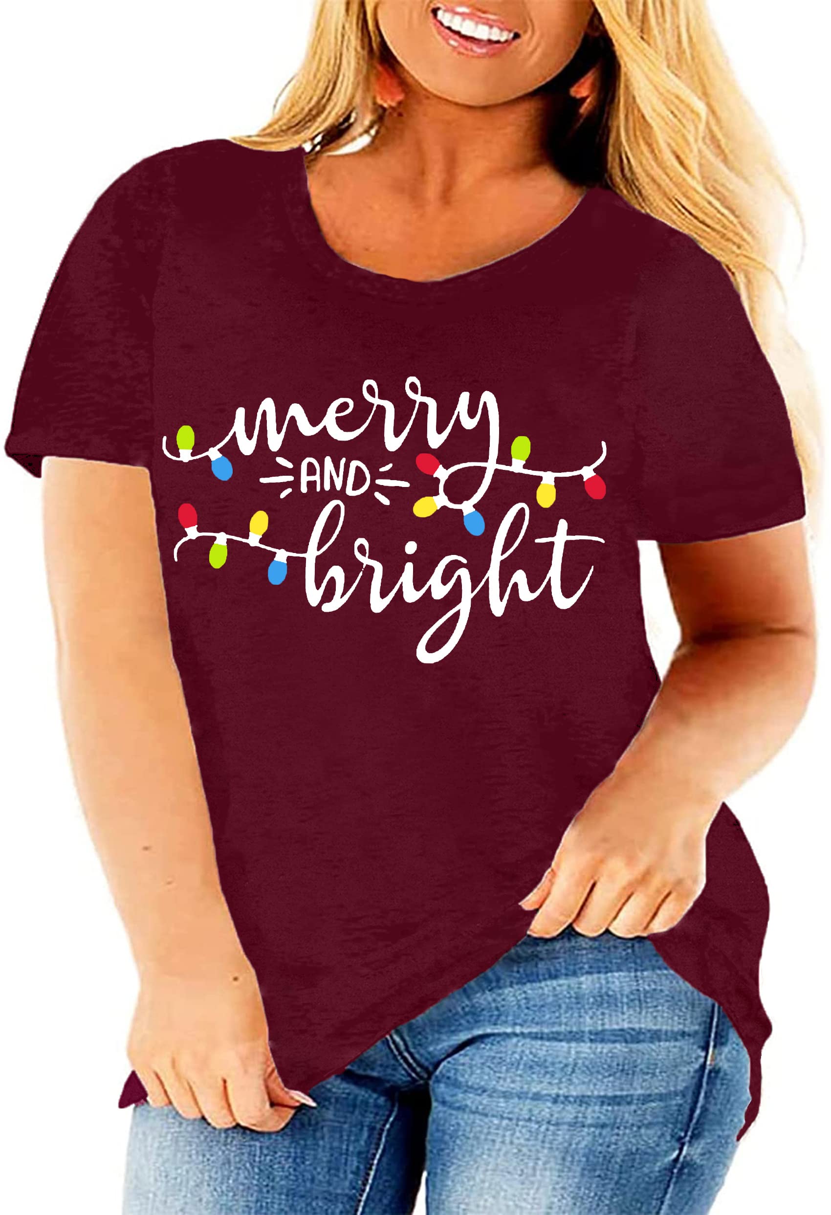 Christmas Plus Size Shirts for Women - Merry & Bright Holiday Tops, Oversized Xmas Tee, Fall Graphic T-Shirts - Perfect for Holiday Parties, Family Gatherings & Festive Outfits