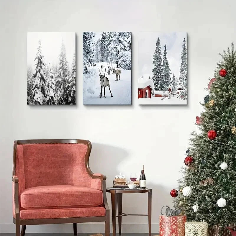 3pcs Reindeer & Pine Forest Scenes Metal Wall Art - Ready to Hang Home Decor for Living Room, Bedroom & Office