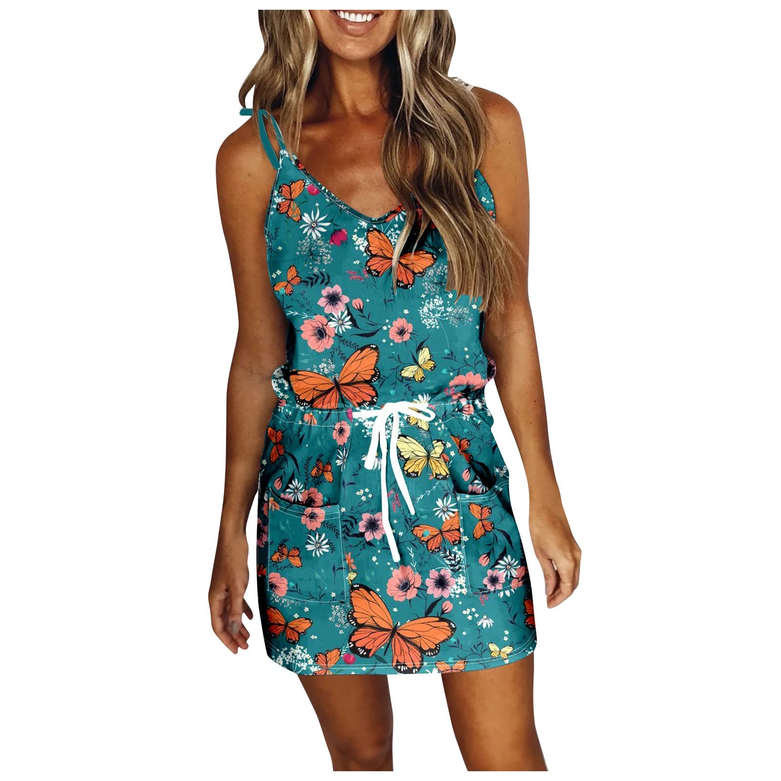 JIDDO Women's V Neck Mini Dress - Spaghetti Strap Sleeveless Short Summer Dress for Women | Beach Party, Date Night, Casual Outfit