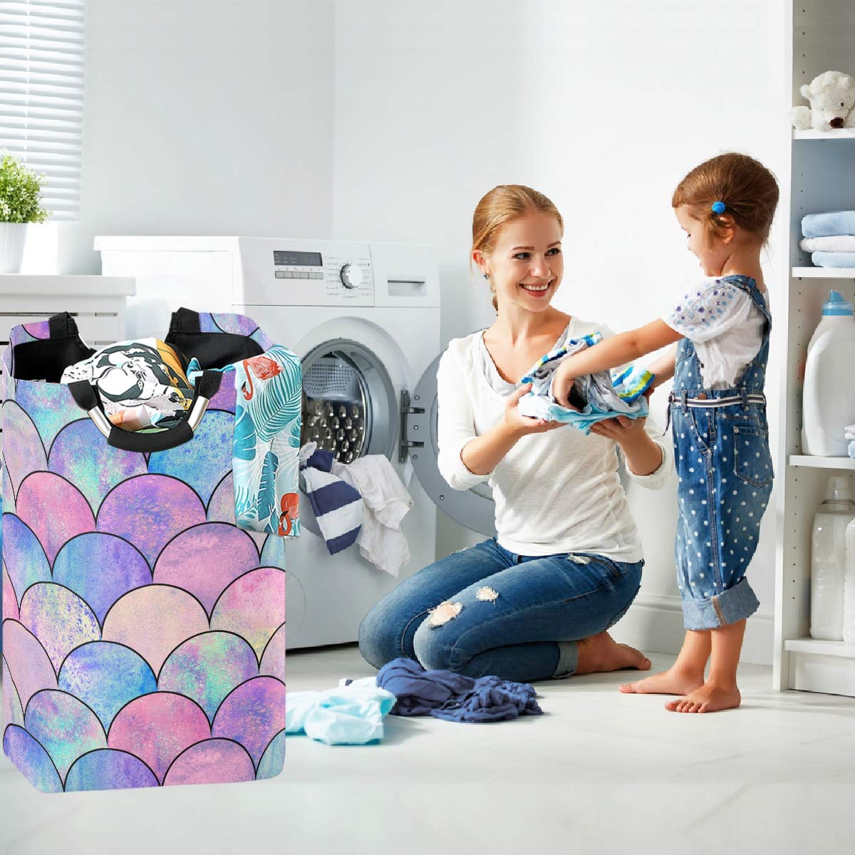 Visesunny Large Laundry Hamper Basket - Water-Resistant Oxford Cloth Storage Organizer with Magic Mermaid Scale Design for Bedroom, Bathroom, Dorm & Kids Room | Perfect for Clothes, Toys & Home Organization