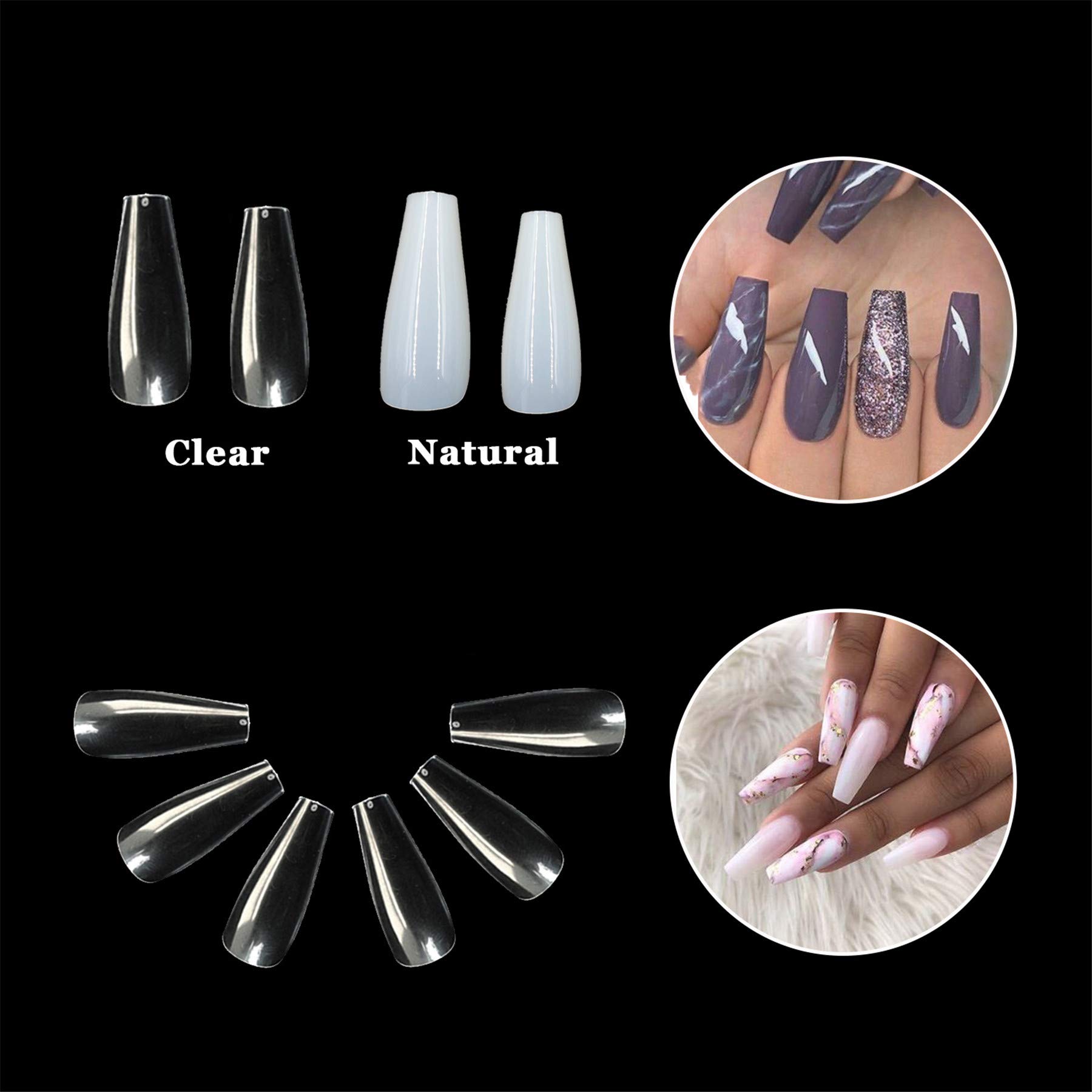 500pcs Clear Acrylic Ballerina Fake Nails - Full Coverage Coffin Artificial Nail Tips Extensions in 10 Sizes by VIVID STELLA | Perfect for Salon, Home Manicures, Parties & Special Occasions