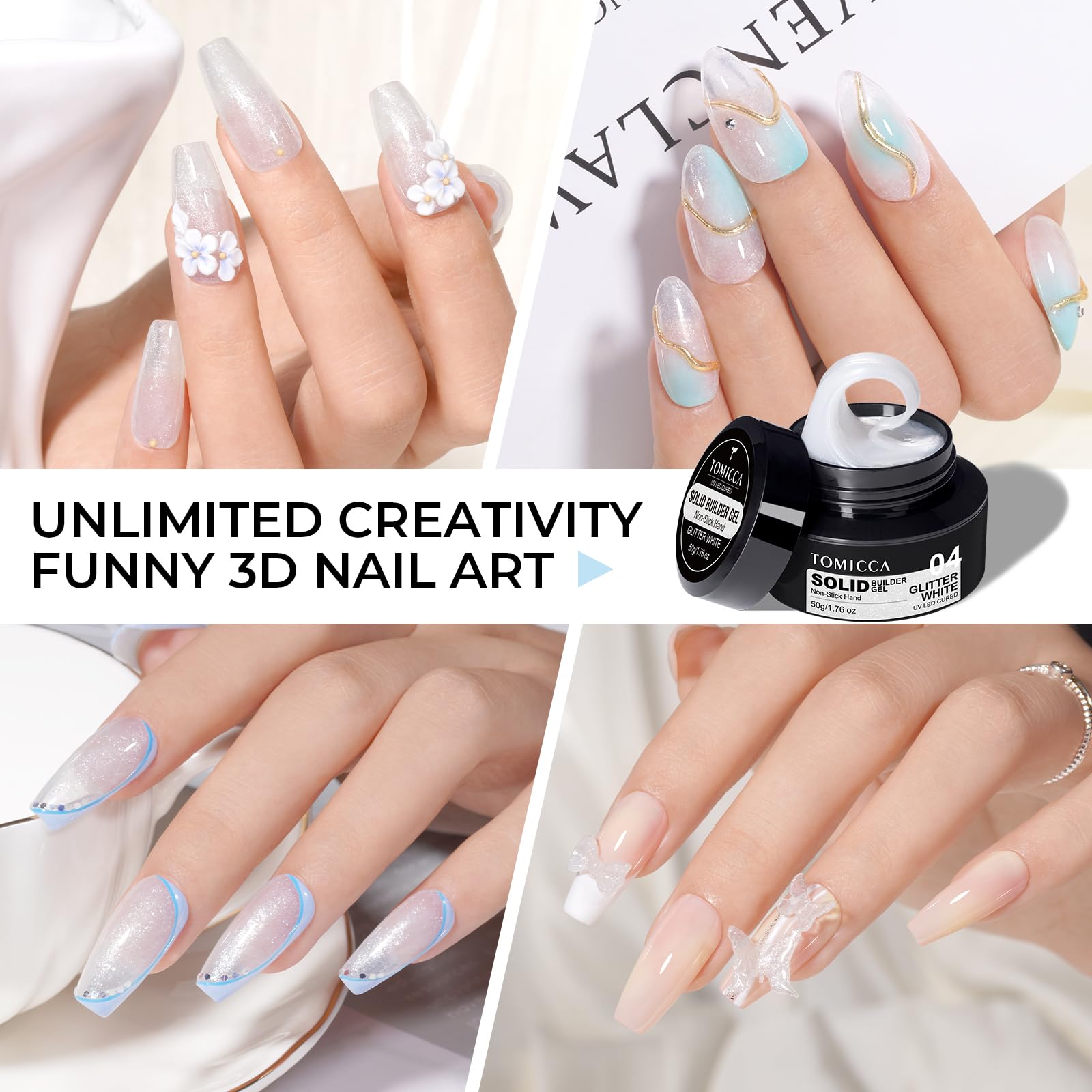 TOMICCA 3D Nail Art Gel - White Sparkle Sculpting Hard Gel for Nail Extensions & Manicures (1.76 oz) | DIY at Home Glitter Gel | Perfect for Salon-Quality Nails & Special Occasions