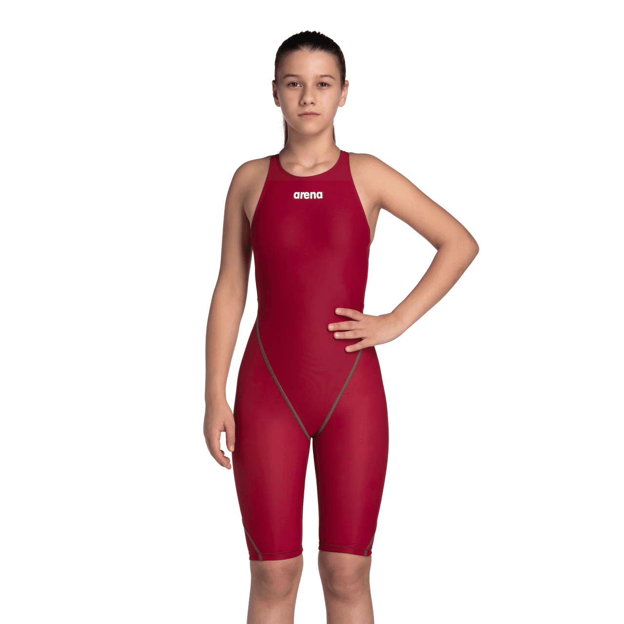 Arena Powerskin ST NEXT Junior Girls Open Back Kneeskin Swimsuit - Deep Red | Competitive Swimwear for Training & Racing | Perfect for Swim Meets & Pool Workouts