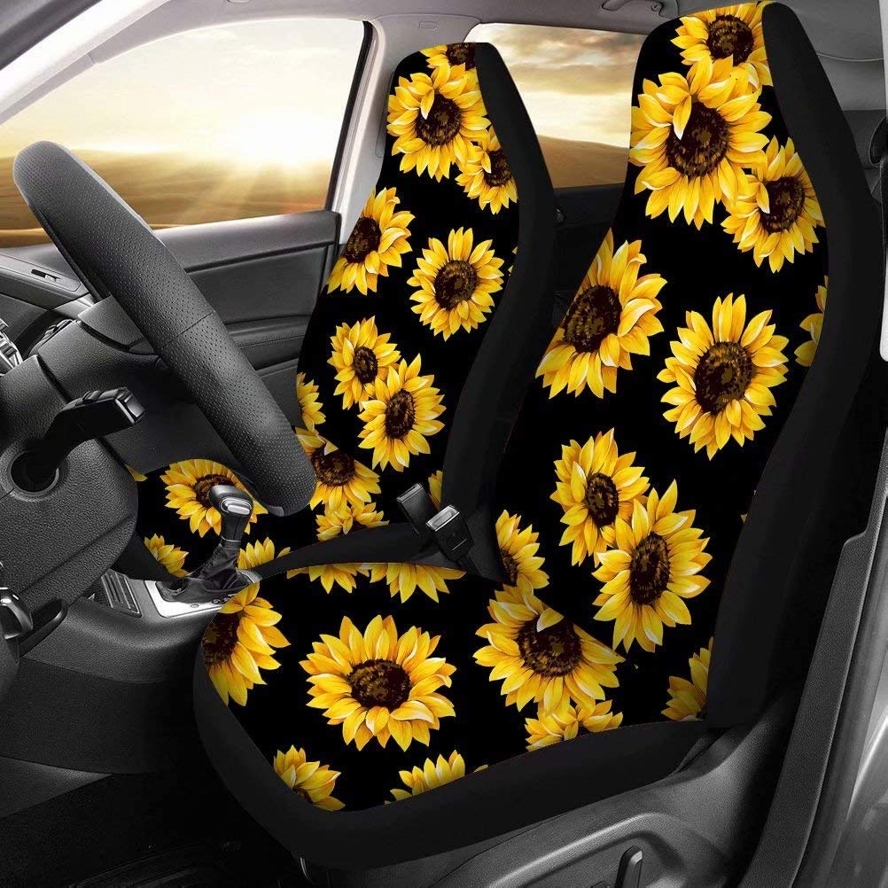 FKELYI Daisy Flower Print Universal Car Seat Covers Set - 2PCS Front Seat Cushion & Backrest Covers + Rear Bench Cover - Waterproof & Non-Slip Auto Accessories for Sedan, SUV, Truck - Perfect for Road Trips, Daily Commute & Car Interior Protection