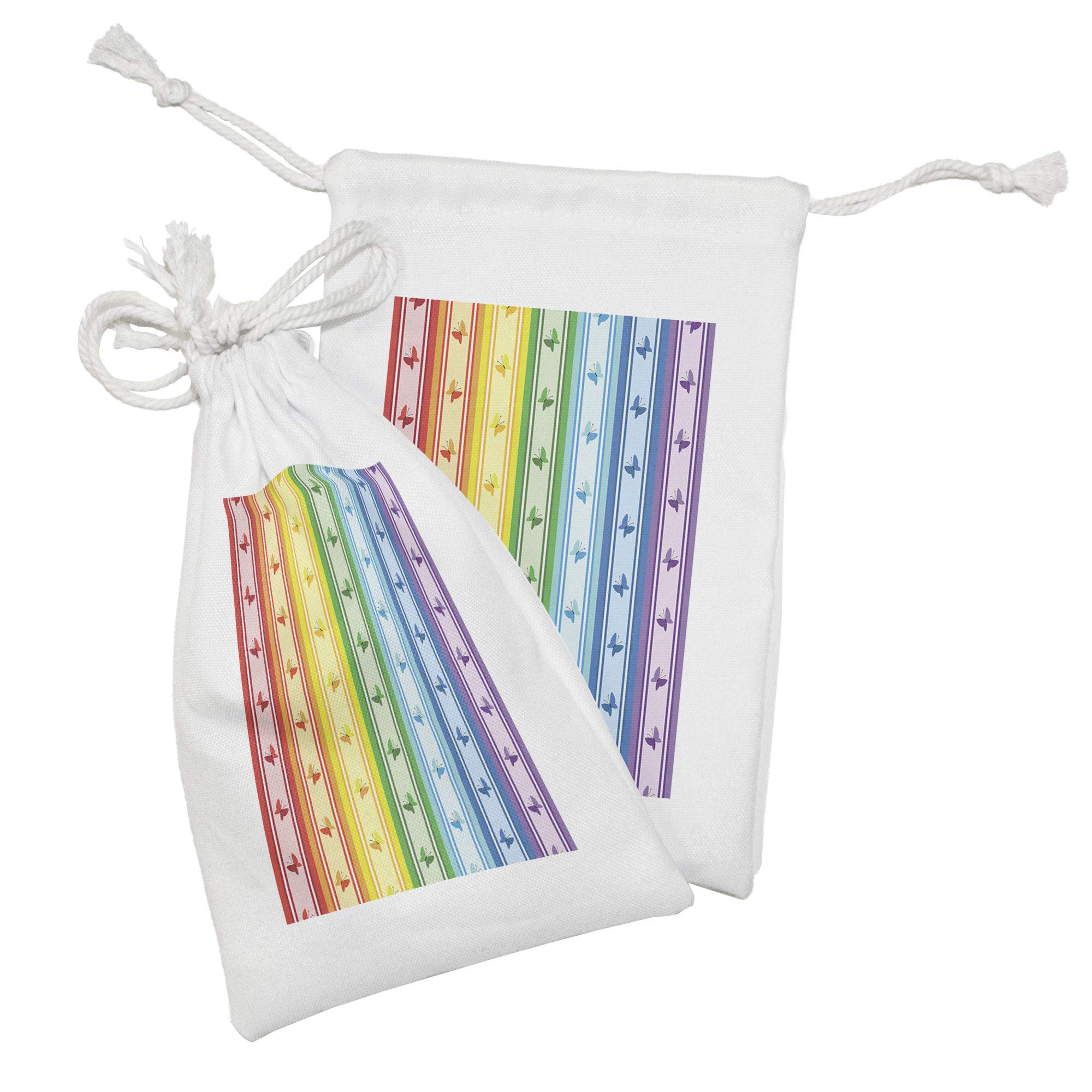 Ambesonne Geometric Fabric Pouch Set of 2 - Striped Rainbow Butterfly Pastel Print Drawstring Bags (9