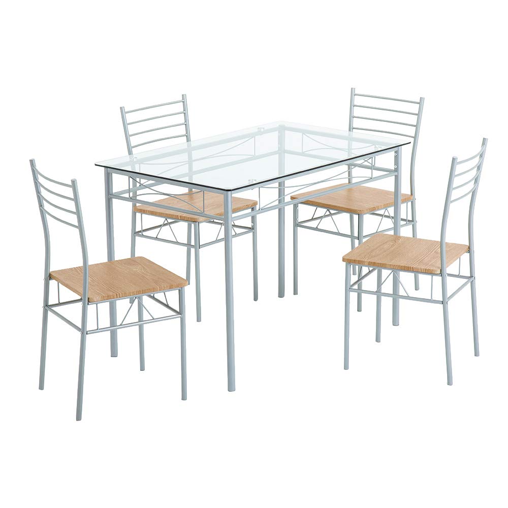 Modern 5-Piece Glass Top Dining Table Set with Iron Frame & PU Cushion Chairs - Silver Kitchen/Dining Room Furniture for 4 People | Perfect for Small Spaces, Apartments & Family Meals