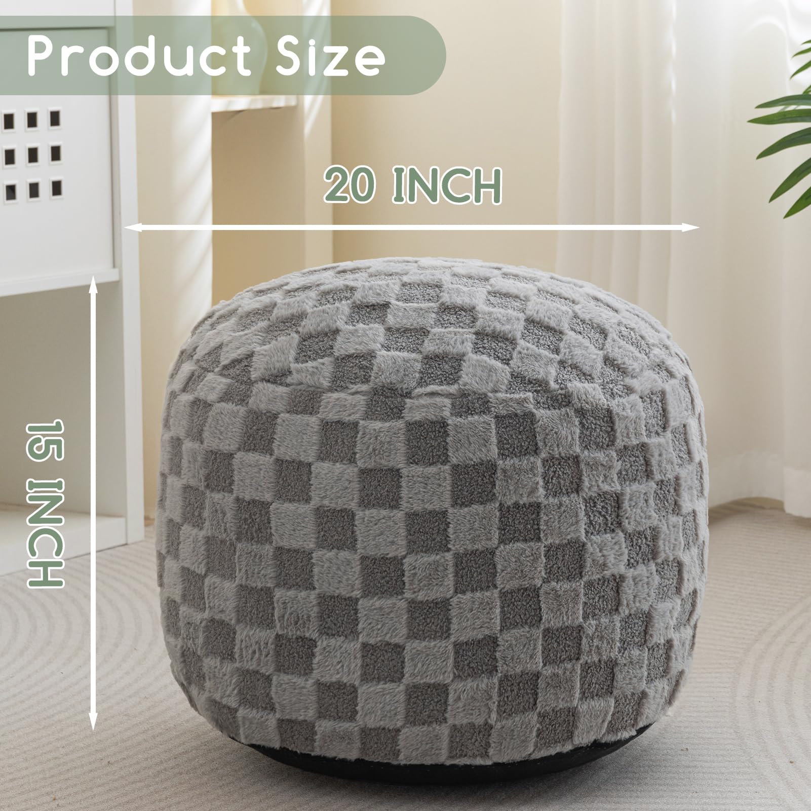 MAXYOYO Round Stuffed Pouf Ottoman with Foam Chunk Filling - 20 x 15 Inch Grey Plaid Footrest for Living Room, Bedroom & Nursery - Versatile Seating and Decor Accent