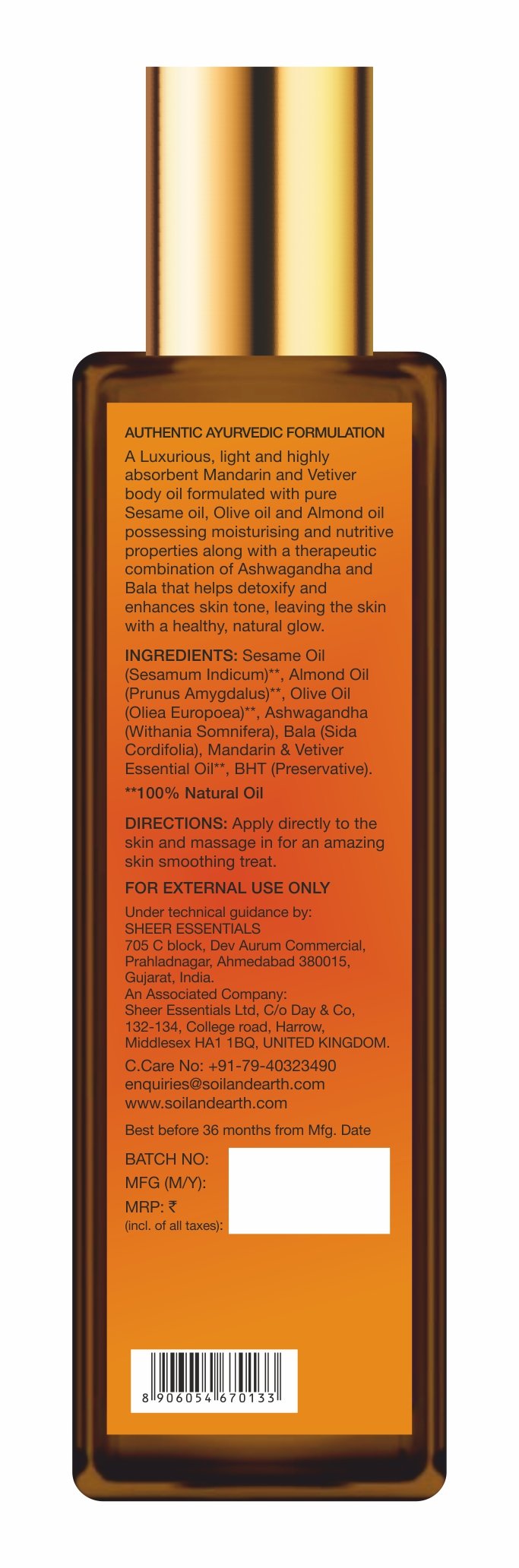 Ayurvedic Body Oil with Mandarin & Vetiver - 200ml Natural Skin Moisturizer for Dry Skin, Massage & Relaxation - Perfect for Spa, Yoga & Self-Care Rituals