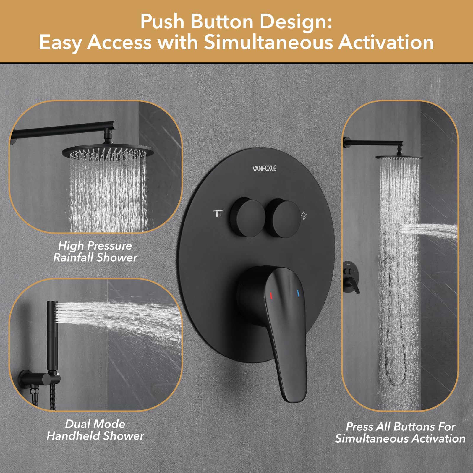 VANFOXLE Matte Black Shower Faucet Set with Push Button Diverter & 2-in-1 Handheld Shower Head - 10 Inch Wall Mounted Complete Shower System (Includes Rough-in Valve Body and Trim) for Bathroom Remodel & Modern Home Upgrade