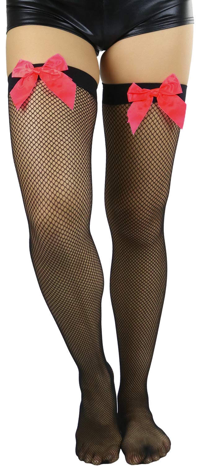 ToBeInStyle Women's Sexy Fishnet Thigh High Stockings with Satin Bow - Perfect for Date Night, Cosplay & Boudoir Photography