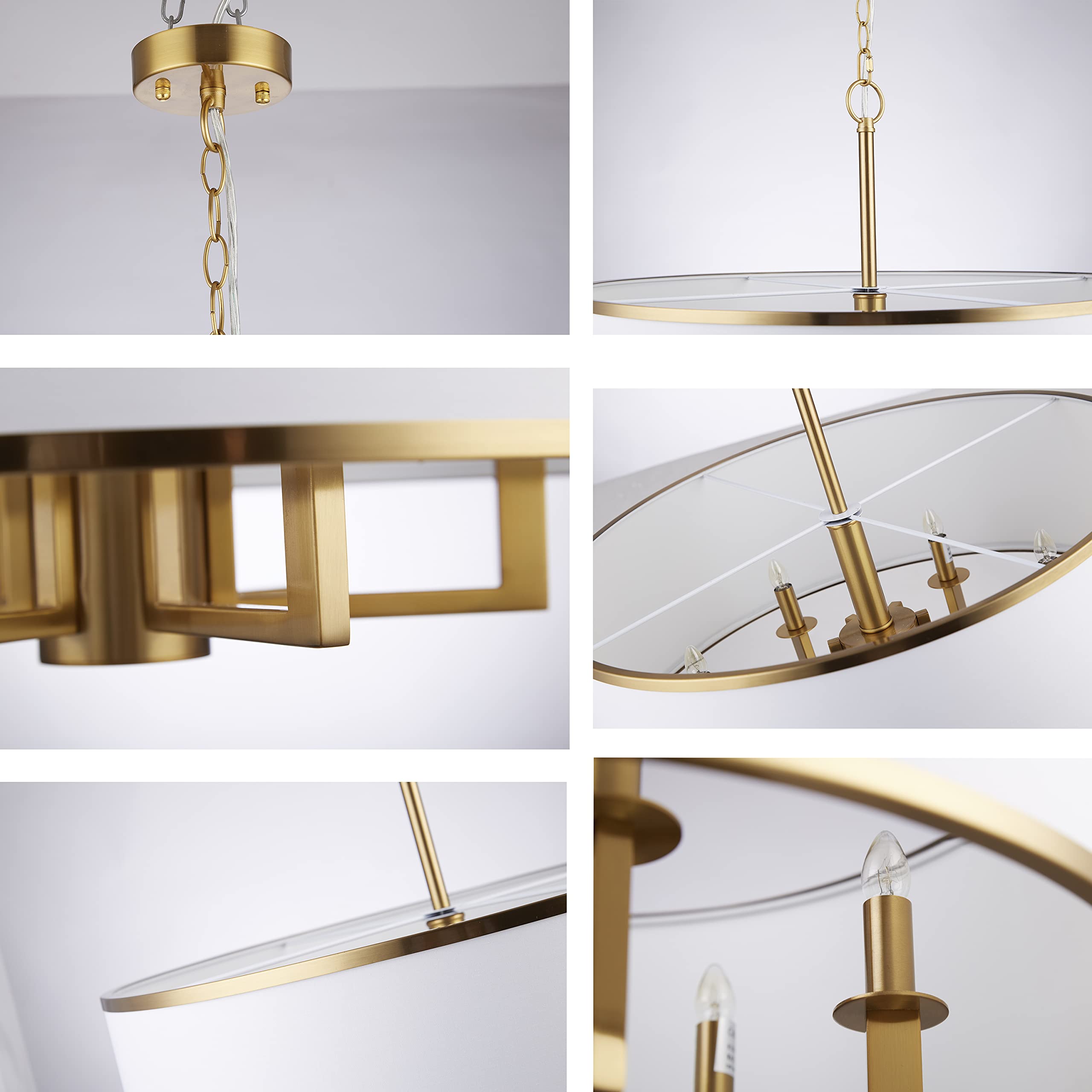 19 Inch 5-Light Adjustable Gold Drum Chandelier - Modern Brass Metal Ceiling Light with White Plastic Shades for Bedroom, Living Room, Dining Room - Perfect for Home Decor, Wedding, Restaurant Lighting