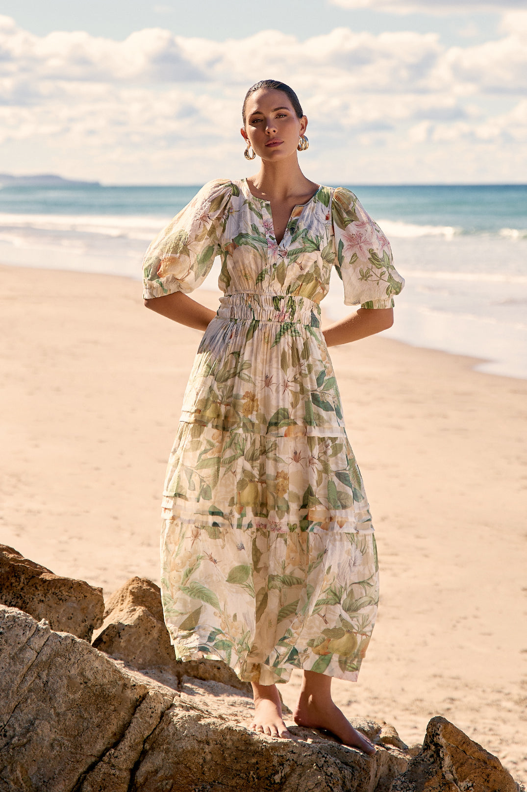 Eliana Adelaide Print Three Quarter Sleeve Dress - Floral Summer Midi Dress for Women | Perfect for Office, Party & Date Night Outfits