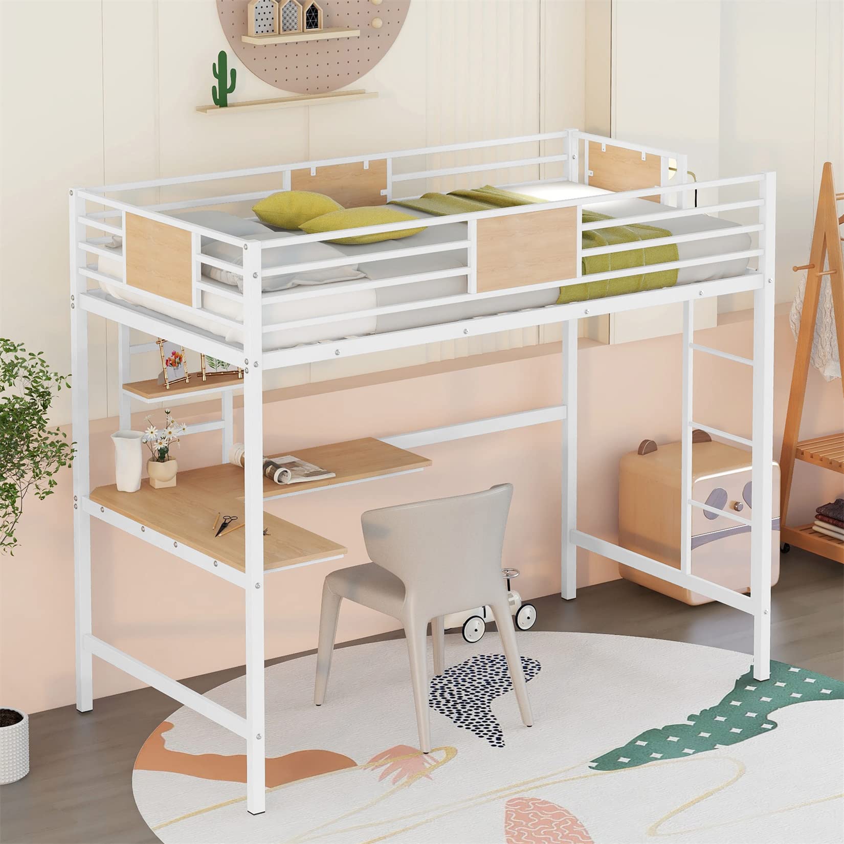 **White Twin Loft Bed with Desk & Bookcase - Metal Frame Kids Bunk Bed with Ladder & Safety Guard Rail - Perfect for Small Bedrooms, Dorms, or Shared Kids' Rooms**