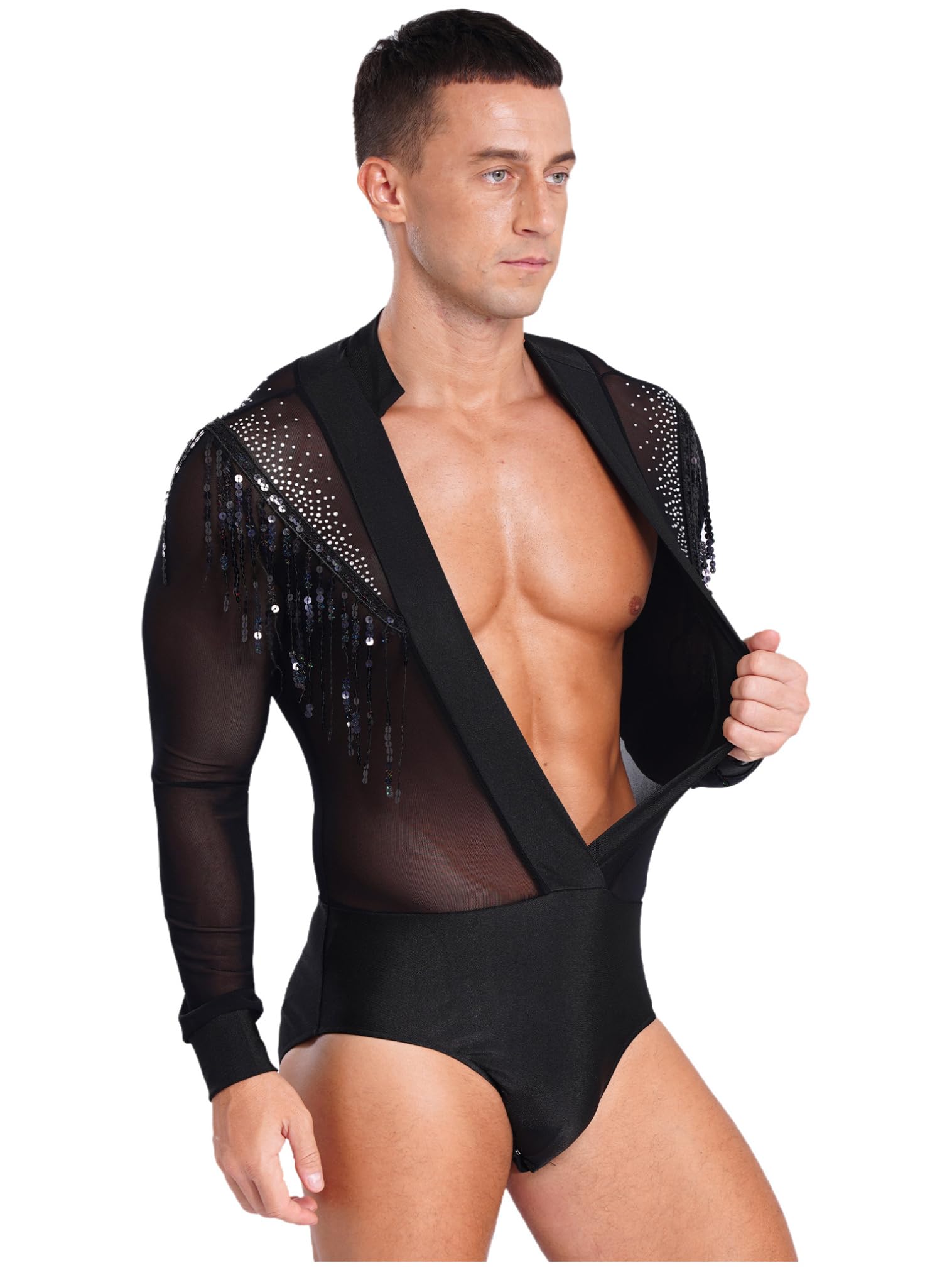 FEESHOW Men's Latin Dance Shirt - Sheer Mesh Patchwork Fringe Bodysuit for Salsa, Bachata, Tango - Modern Clubwear Performance Top for Dance Competitions & Nightlife