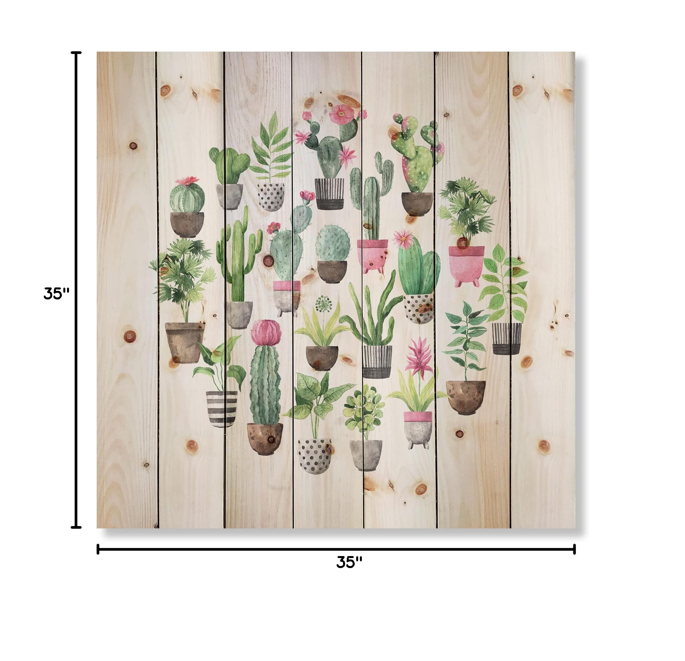 DesignQ Cacti in Ceramic Pots - Gentle Tone Botanical Wall Art Print on Natural Pine Wood | Perfect for Home, Office & Boho Decor