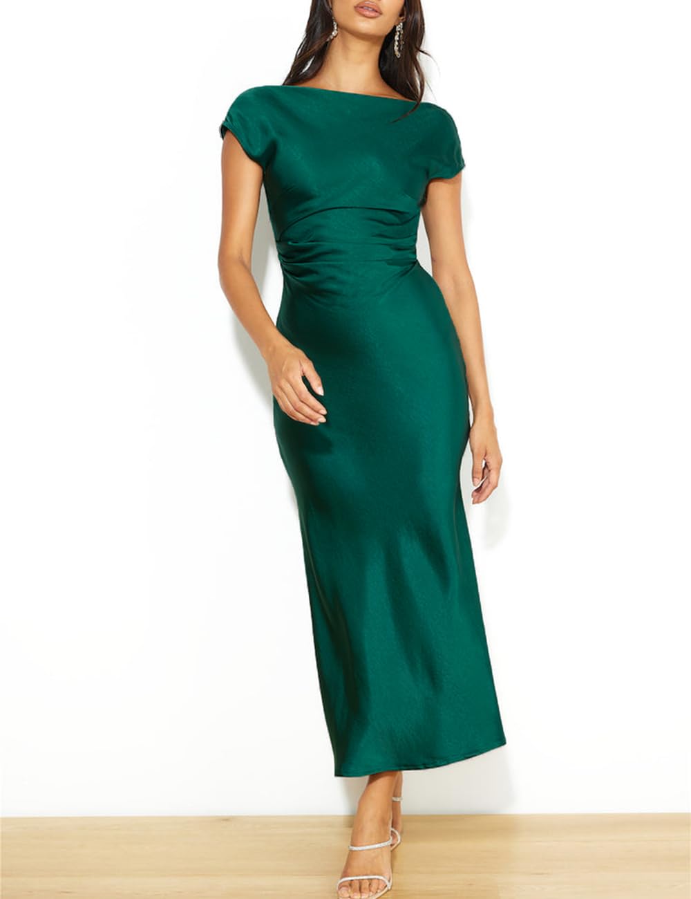 2025 Women's Satin Cap Sleeve Cowl Back Summer Dress - Elegant Ruched Waist Midi Dress for Wedding Guest, Party & Special Occasions