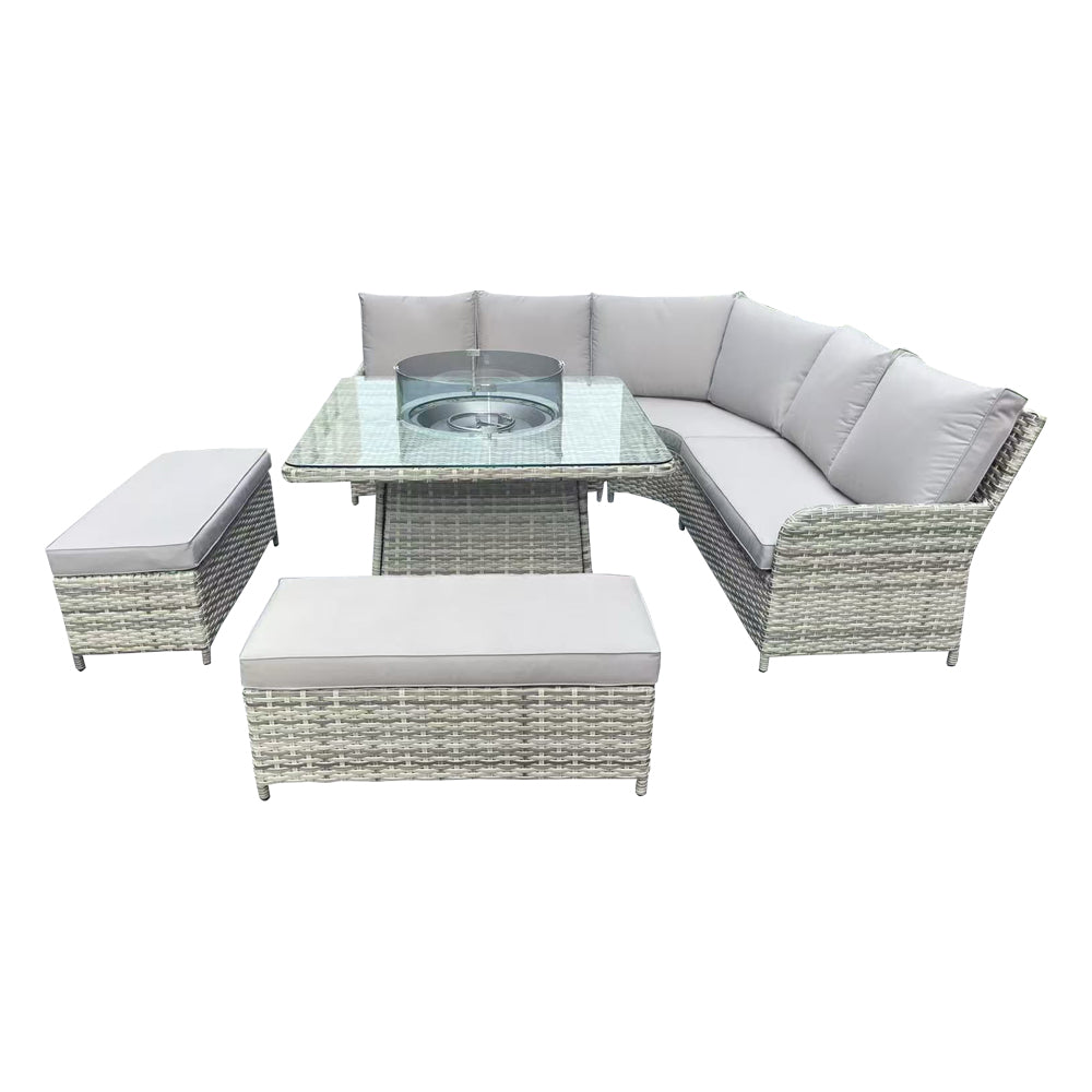 Almeria L-Shaped Rattan Patio Furniture Set with Square Fire Pit Table - Outdoor Garden, Backyard, Poolside Lounge Set for Relaxing & Entertaining