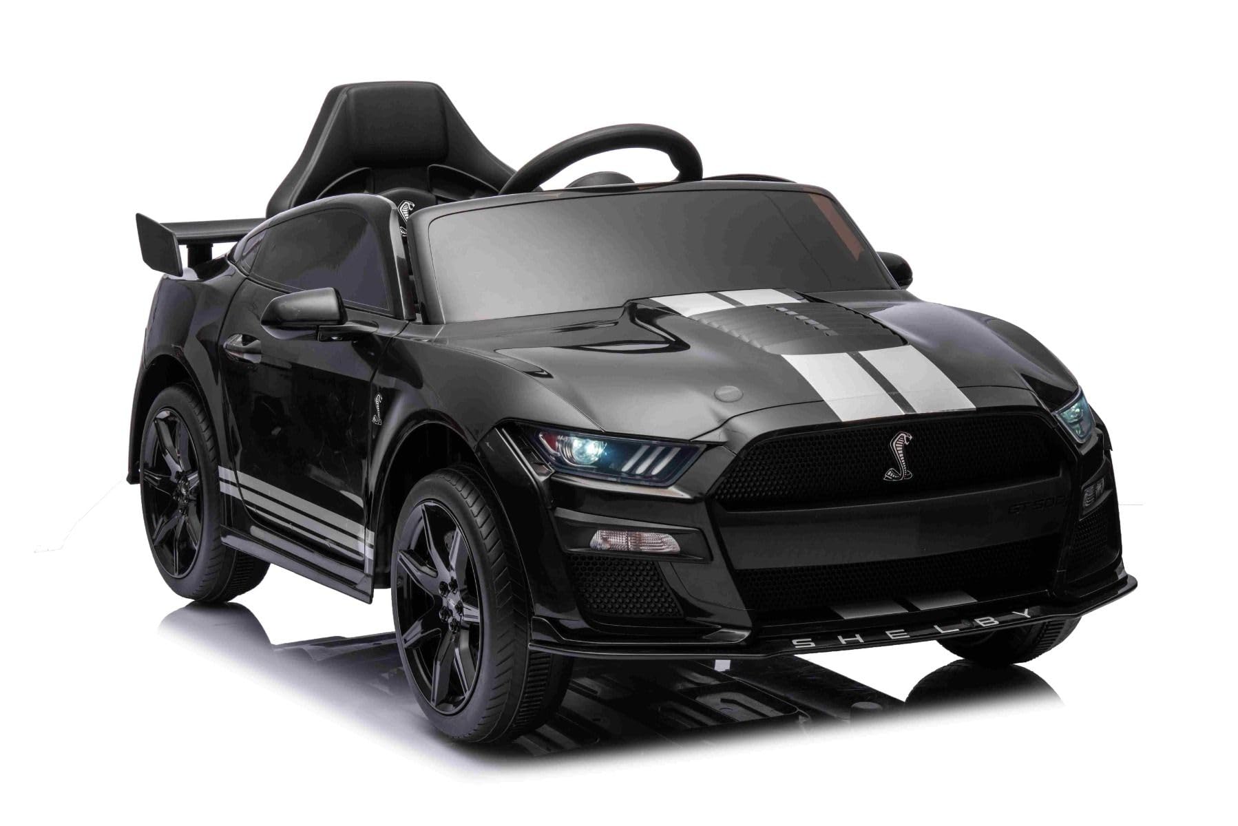 Electric Car for Kids - Ford Shelby Mustang GT 500 Cobra Remote Control Ride-On Toy (2.4GHz, USB Charging, LED Lights, 30W Motors) - Licensed Black Sports Car for Boys & Girls - Perfect for Indoor Play, Backyard Driving, and Birthday Gifts