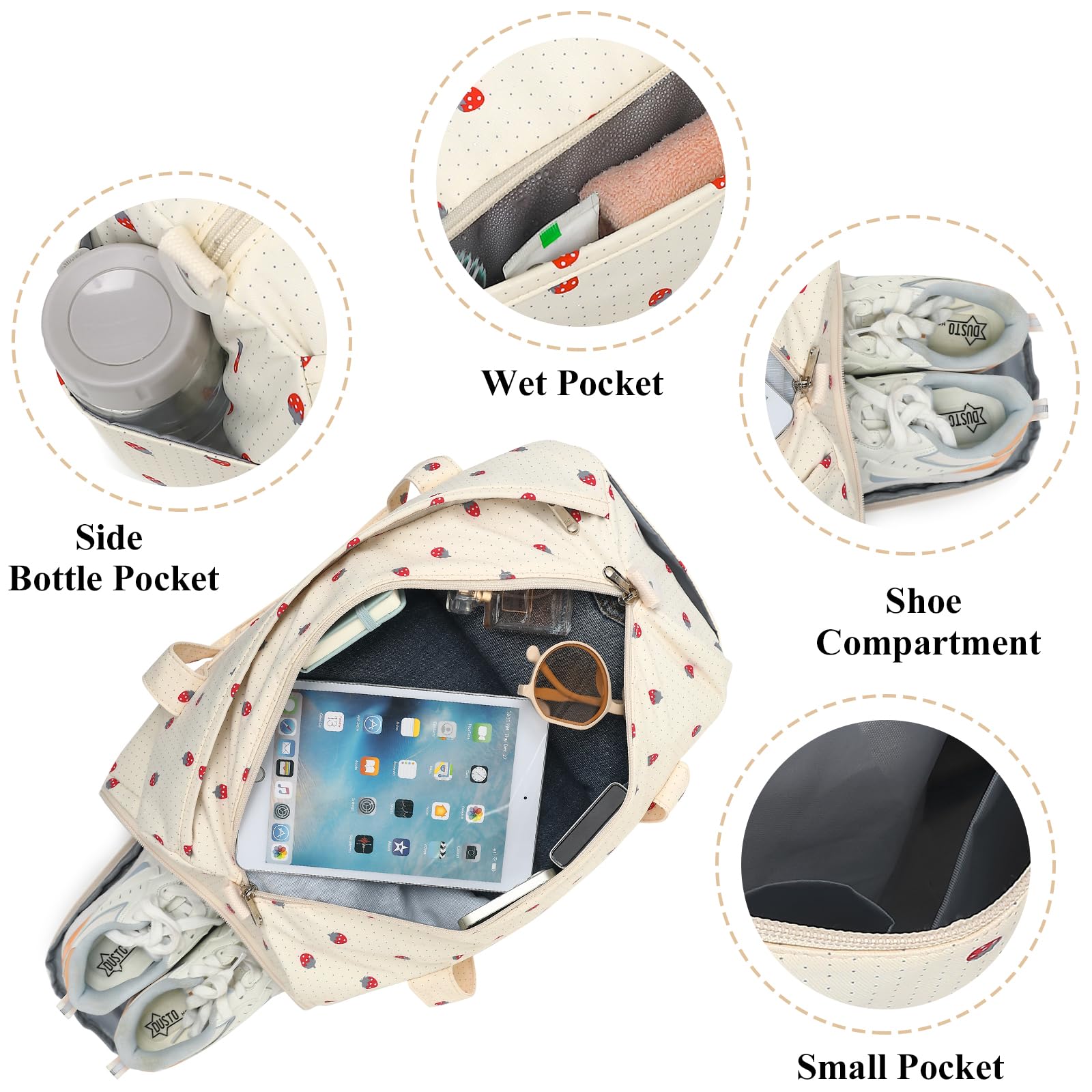 Gym Bag for Men & Women - Large Sports Duffle Bag with Wet Pocket & Waterproof Shoe Compartment | Foldable Weekender Overnight Travel Bag with Ventilation Holes | Perfect for Gym, Travel, Workout & Sports - Strawberry Beige