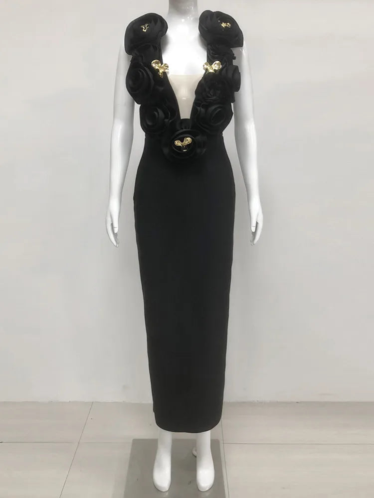 Elegant Black Deep V-Neck Floral Bandage Bodycon Maxi Dress for Women - Sexy Club Party & Evening Gown for 2025 | Perfect for Night Out, Date Night & Special Occasions