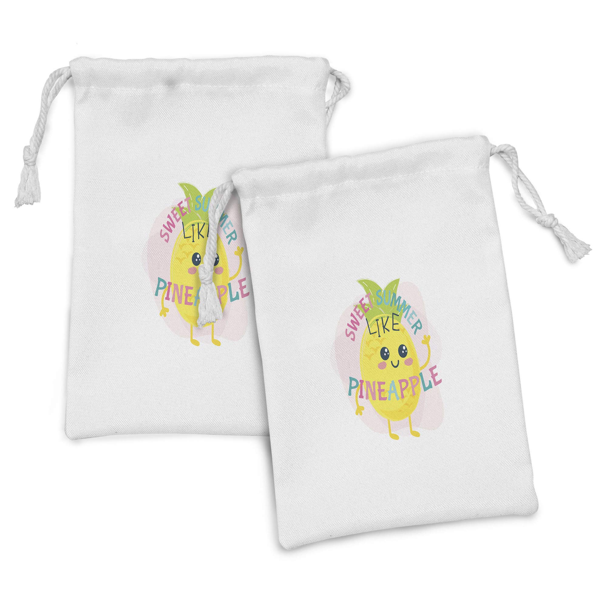 Ambesonne Summer Fabric Pouch Set of 2 - Kawaii Pineapple Design Drawstring Bags for Toiletries, Makeup & Travel Accessories (9x6 inches, Multicolor) | Perfect for Beach Trips, Gym Essentials & Party Favors