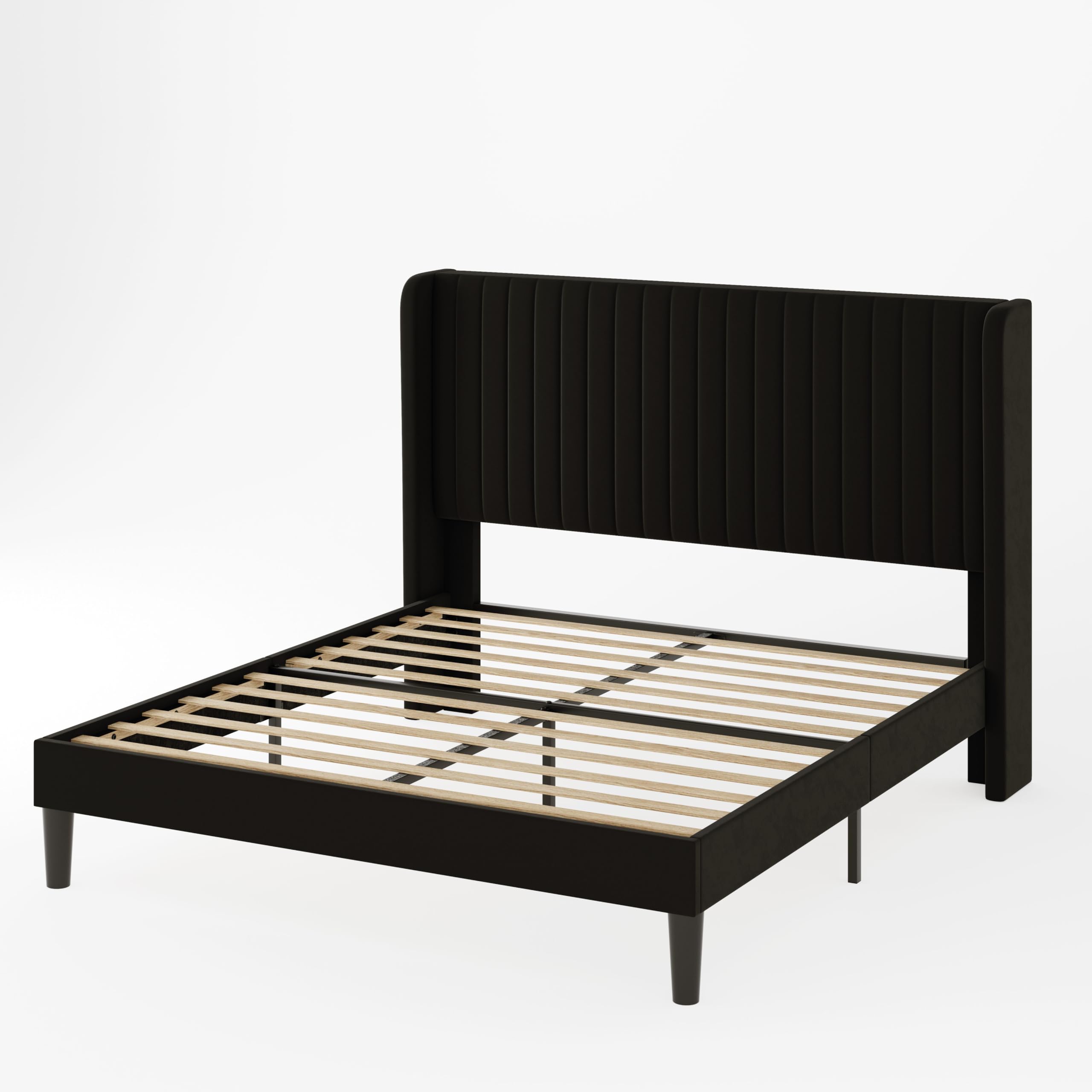 Allewie Queen Size Velvet Bed Frame with Vertical Channel Tufted Wingback Headboard - Upholstered Platform Bed with Sturdy Wooden Slats | No Box Spring Required | Easy Assembly in Black | Perfect for Modern Bedrooms & Master Suites