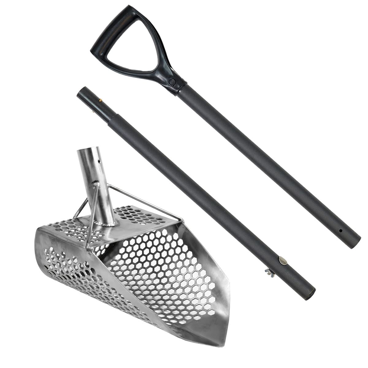 Orca 11.5 x 8 Stainless Steel Beach Sand Scoop with 10mm Hex - Carbon Fiber Metal Detecting Tool with Light & Adjustable Handle - Perfect for Treasure Hunting, Beach Combing & Outdoor Adventures
