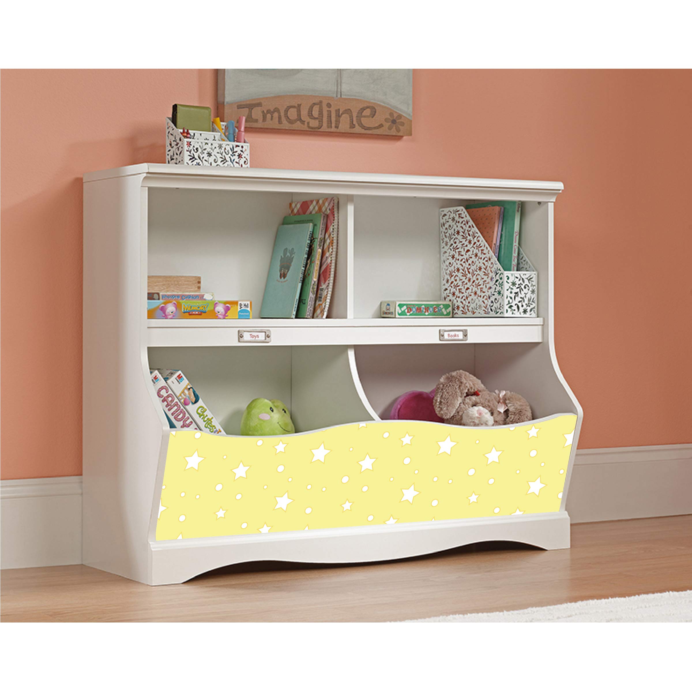 LifeSong Milestones Bookcase Footboard with Cubbyhole - Kids Book & Toy Storage Organizer for Nursery, Playroom & Bedroom - Soft White Finish with Yellow Stars - Perfect for Kids' Room Organization & Toy Display
