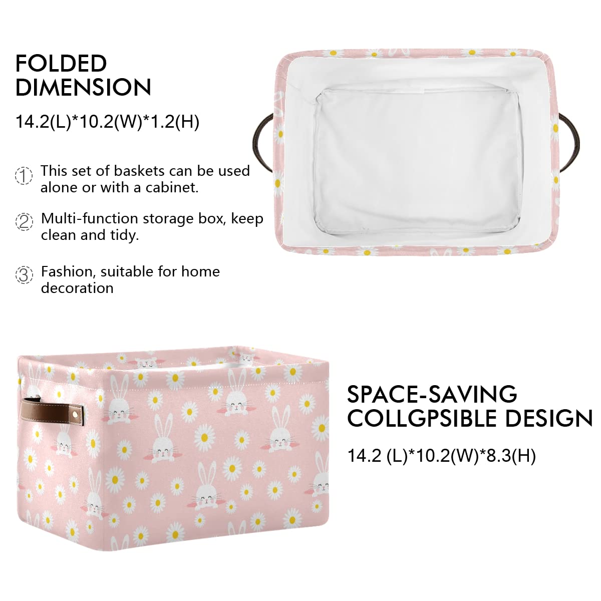 Collapsible Pink Rectangle Storage Basket with Daisy Garden & Rabbits Design - Waterproof Organizer Bin for Nursery Toys, Books, Closet Shelves & Bedroom Decor | Perfect for Kids' Room, Playroom & Home Organization