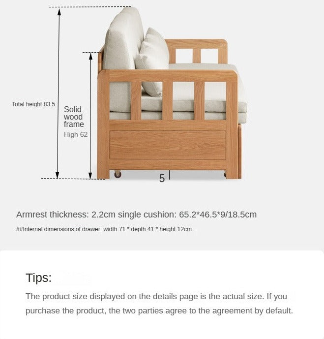 Solid Oak Wood Sofa Bed with Folding & Retractable Storage | Convertible Sleeper for Small Spaces, Guest Rooms & Apartments