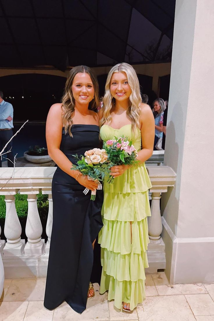 Elegant Green Chiffon Tiered Maxi Dress with High Slit - Formal Evening Gown J5682 for Weddings, Prom & Special Occasions