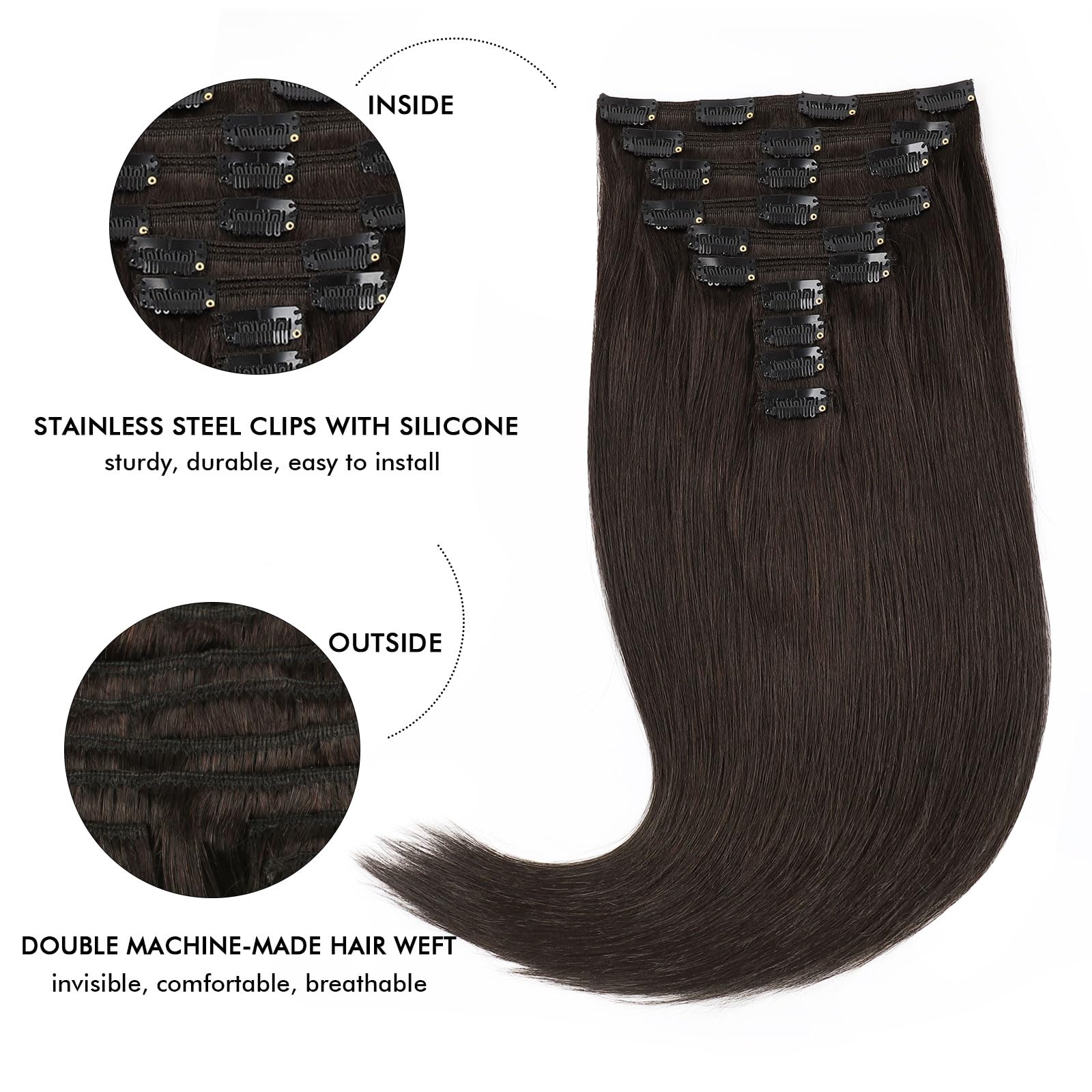22 Inch Double Weft Clip-In Human Hair Extensions - 10 Pieces Dark Brown Remy Soft Straight Hair with 21 Clips for Women - Perfect for Volume, Length & Styling for Parties, Weddings & Daily Wear