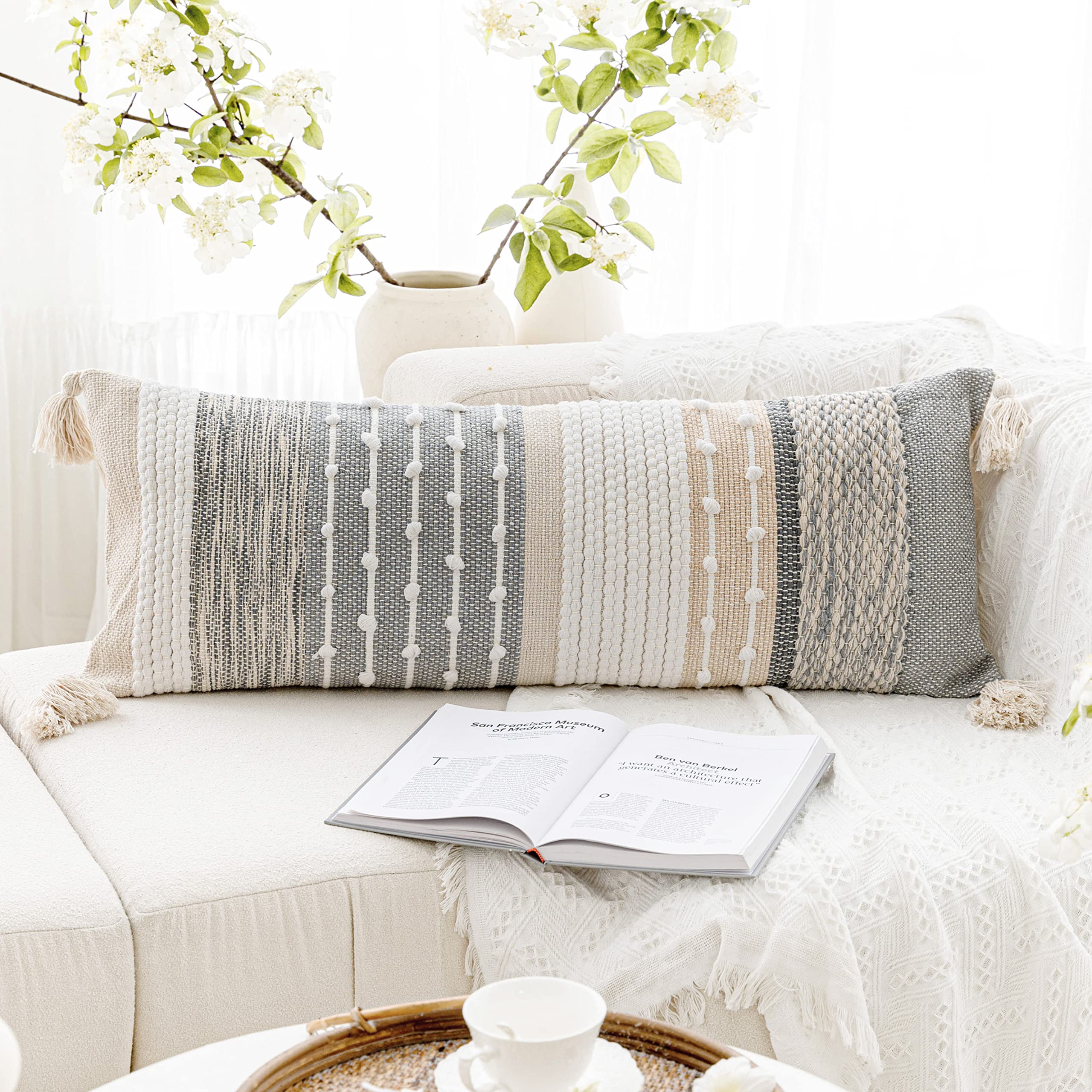 Gray Boho Lumbar Pillow Cover 14x36 - Modern Woven Textured Decorative Throw Pillow Case for Sofa, Bed & Couch - Bohemian Home Decor Accent for Living Room, Bedroom & Nursery